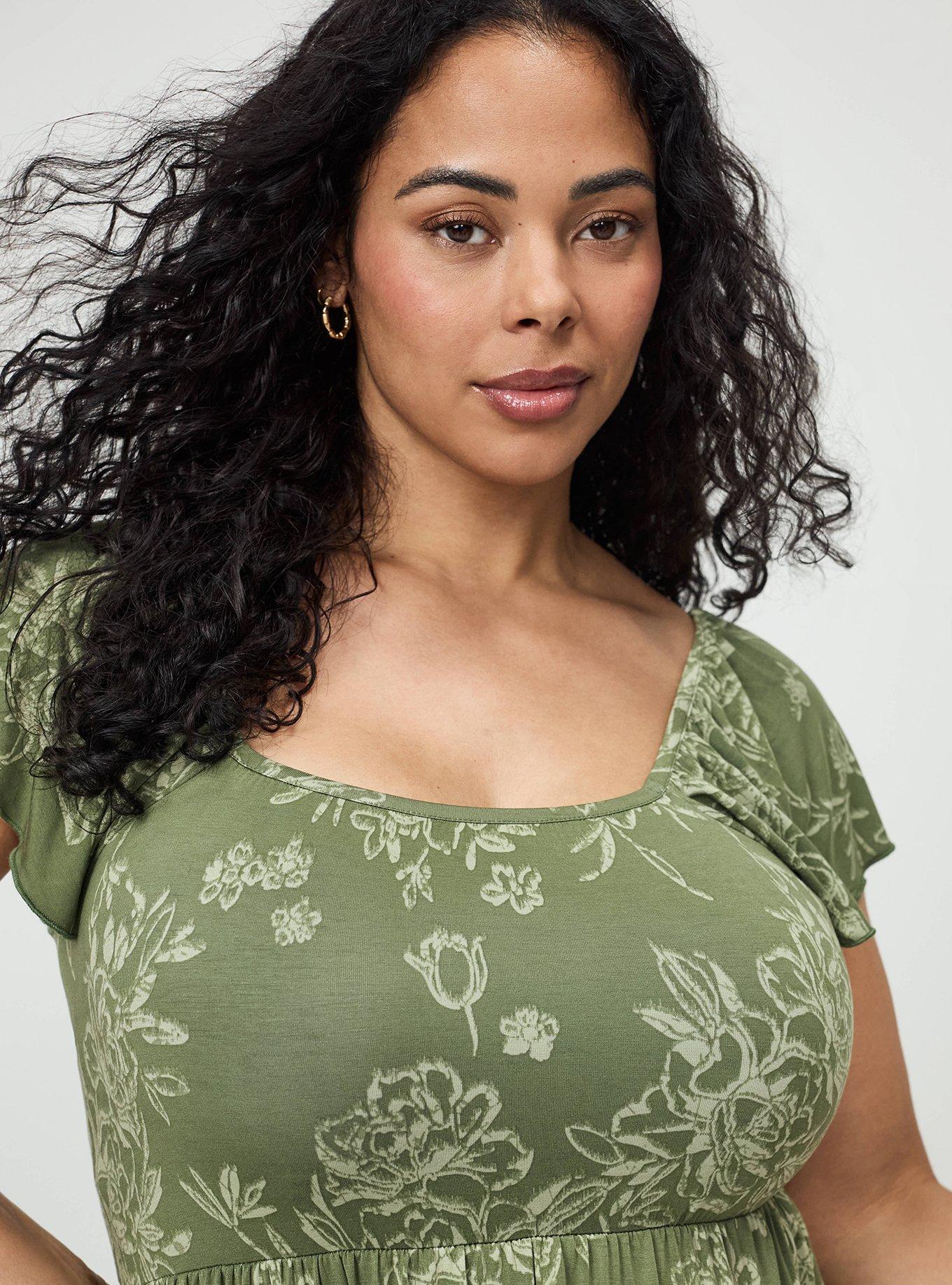 Super Soft Shirred Bodice Babydoll Top, BENITA FLORAL GREEN, alternate