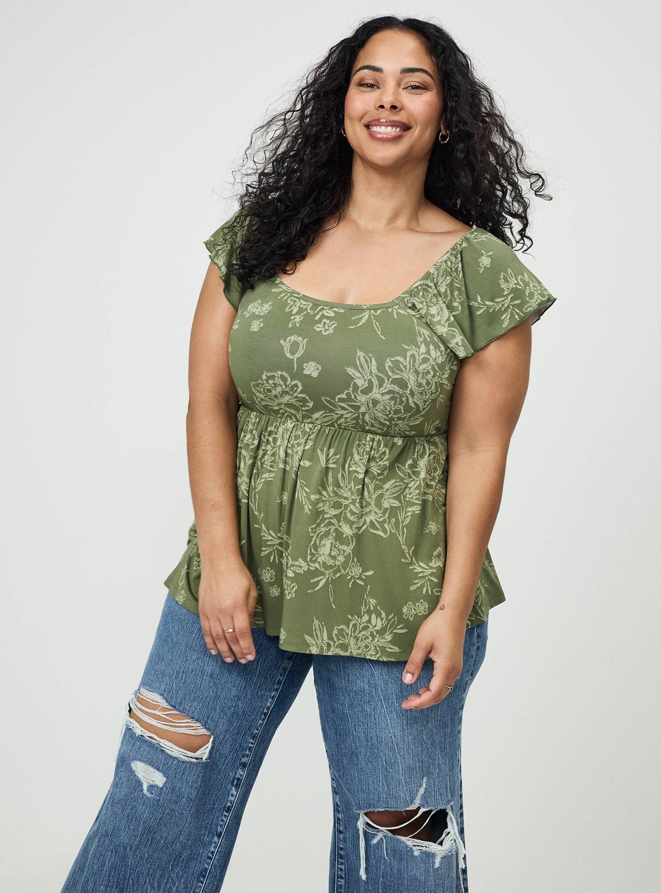 Super Soft Shirred Bodice Babydoll Top, BENITA FLORAL GREEN, alternate