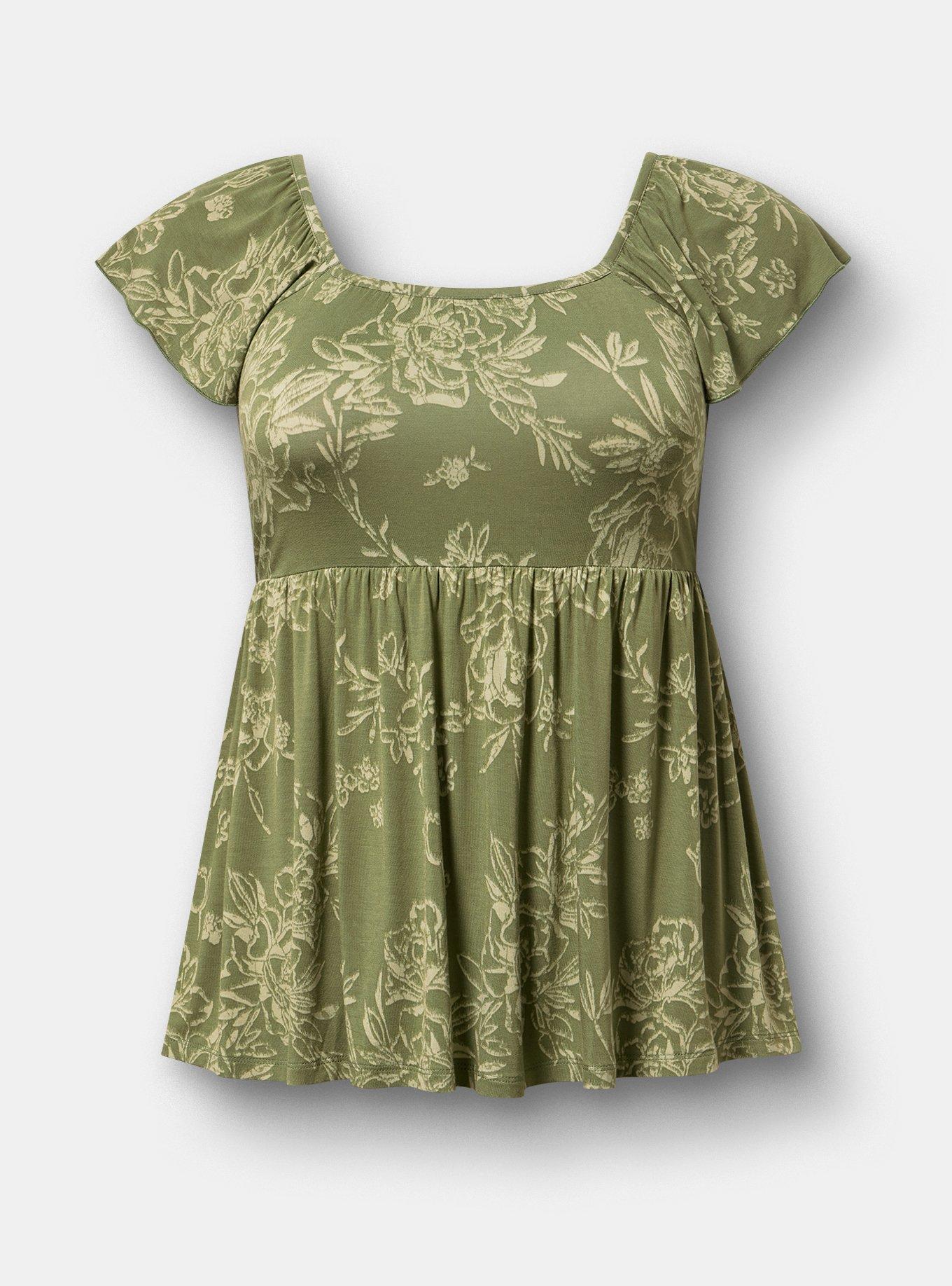 Super Soft Shirred Bodice Babydoll Top, BENITA FLORAL GREEN, flat