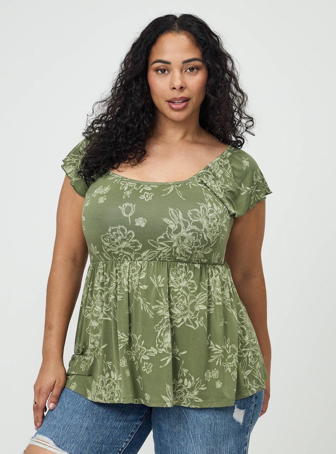 Super Soft Shirred Bodice Babydoll Top, BENITA FLORAL GREEN, hi-res