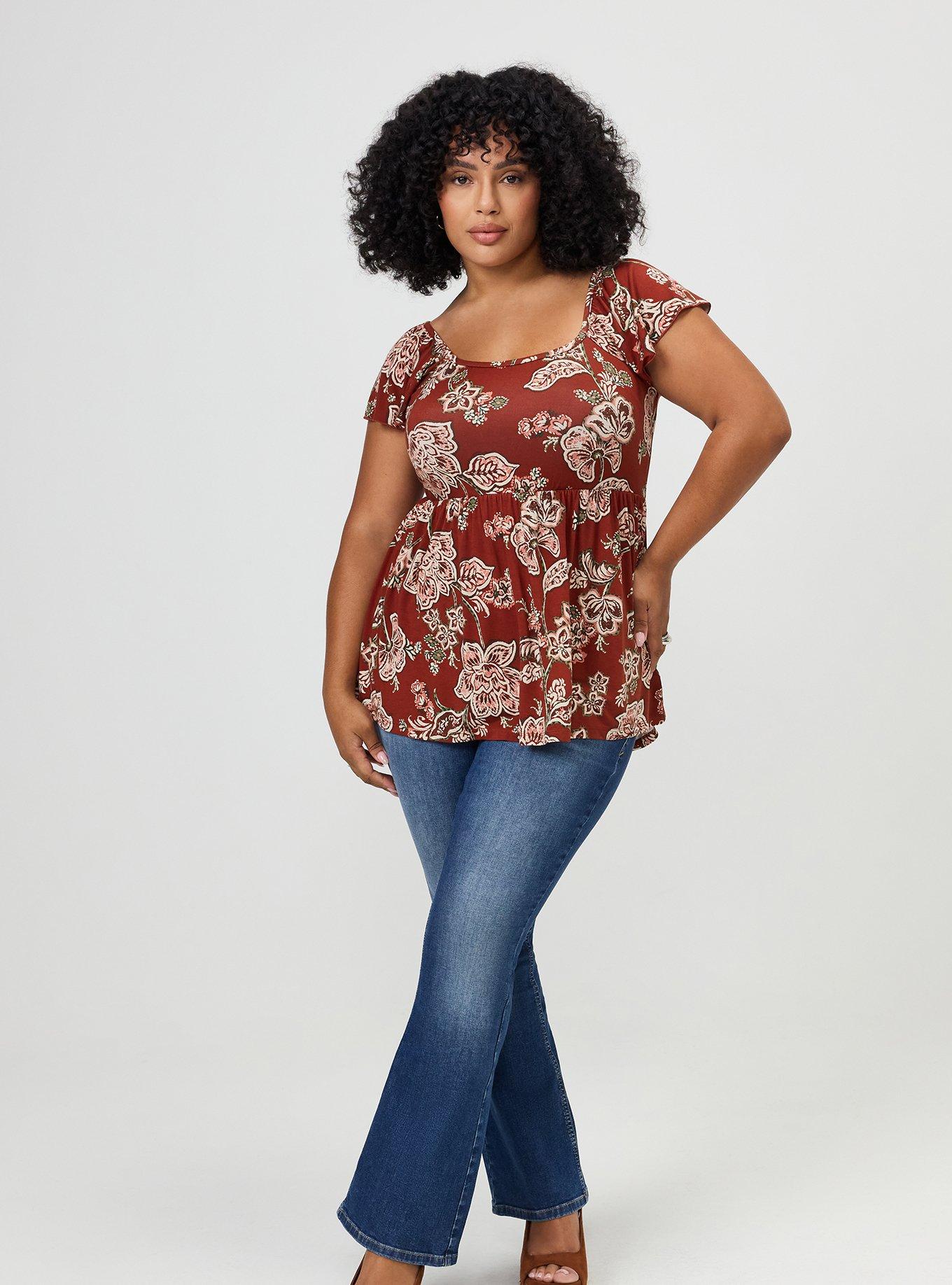 Plus Size Super Soft Shirred Bodice Babydoll Top, LAURIE JACOBEAN FLORAL BRICK, alternate