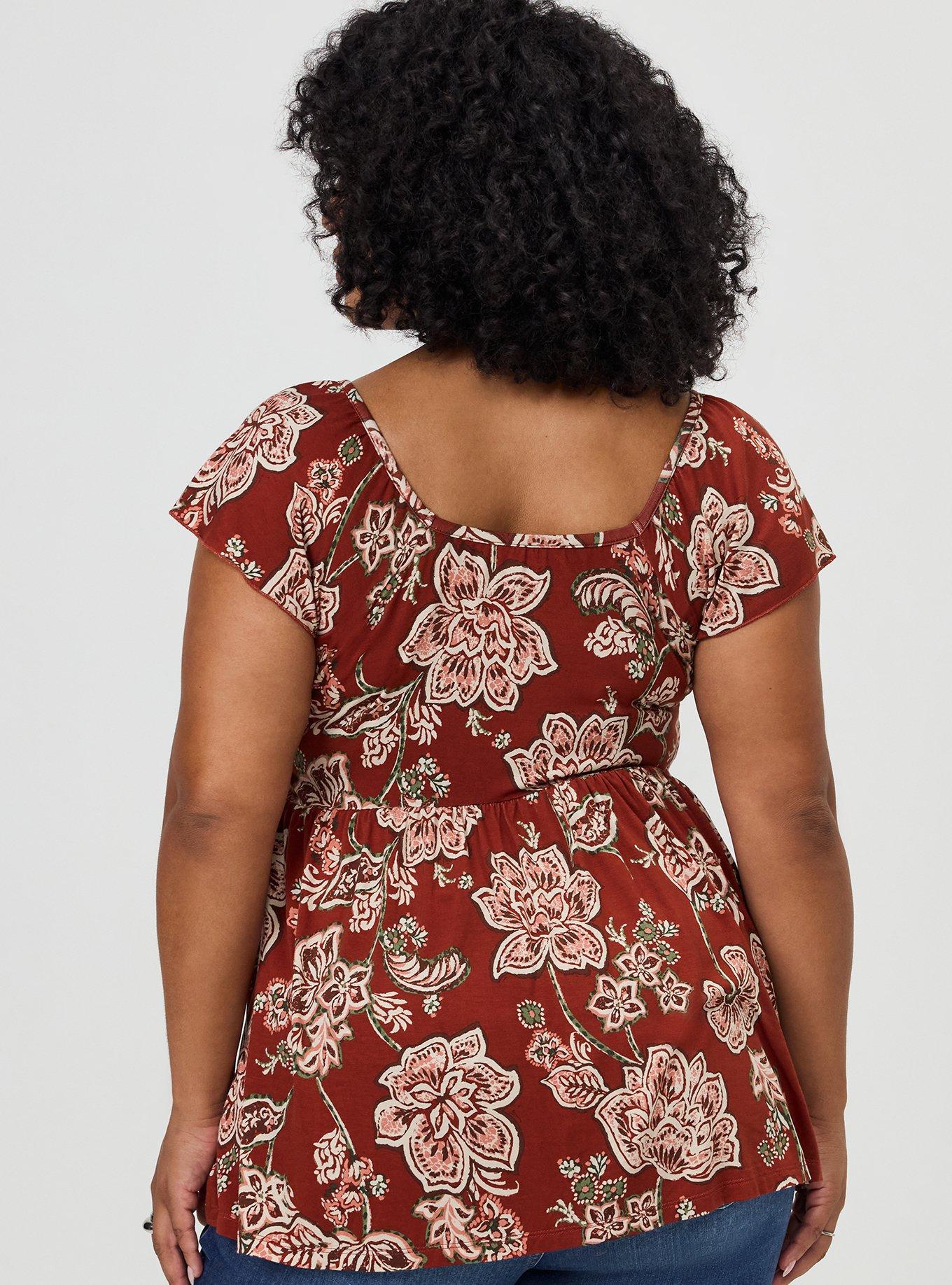 Plus Size Super Soft Shirred Bodice Babydoll Top, LAURIE JACOBEAN FLORAL BRICK, alternate