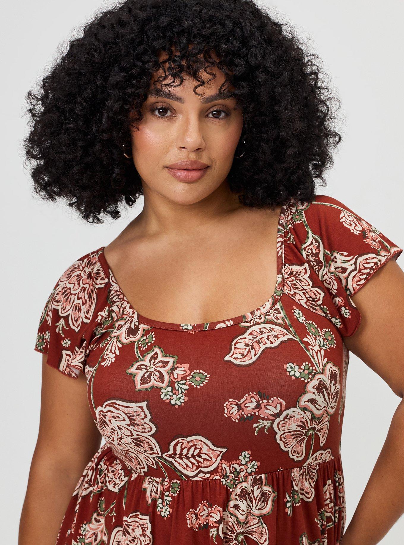 Plus Size Super Soft Shirred Bodice Babydoll Top, LAURIE JACOBEAN FLORAL BRICK, alternate