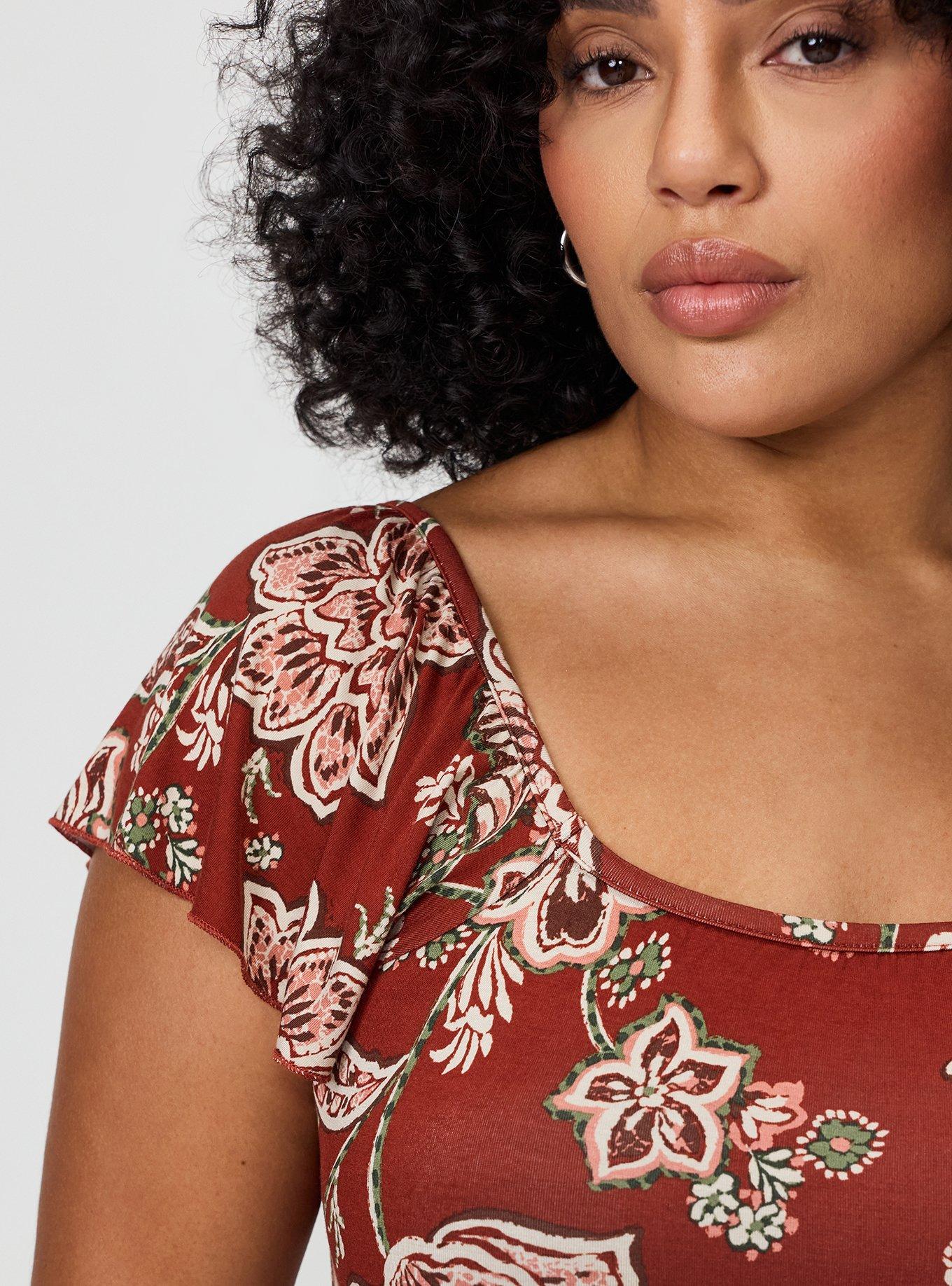 Plus Size Super Soft Shirred Bodice Babydoll Top, LAURIE JACOBEAN FLORAL BRICK, alternate