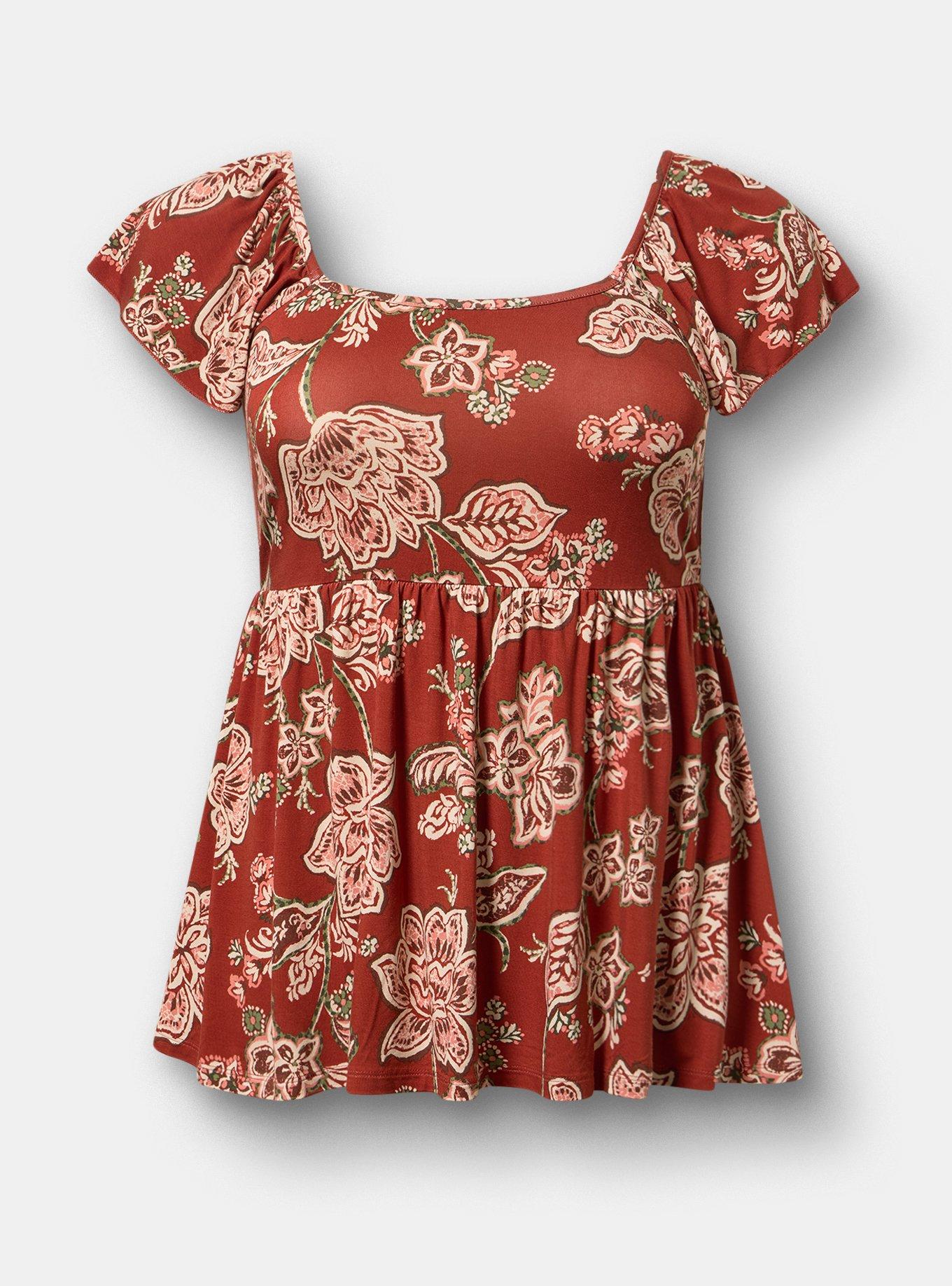 Plus Size Super Soft Shirred Bodice Babydoll Top, LAURIE JACOBEAN FLORAL BRICK, flat