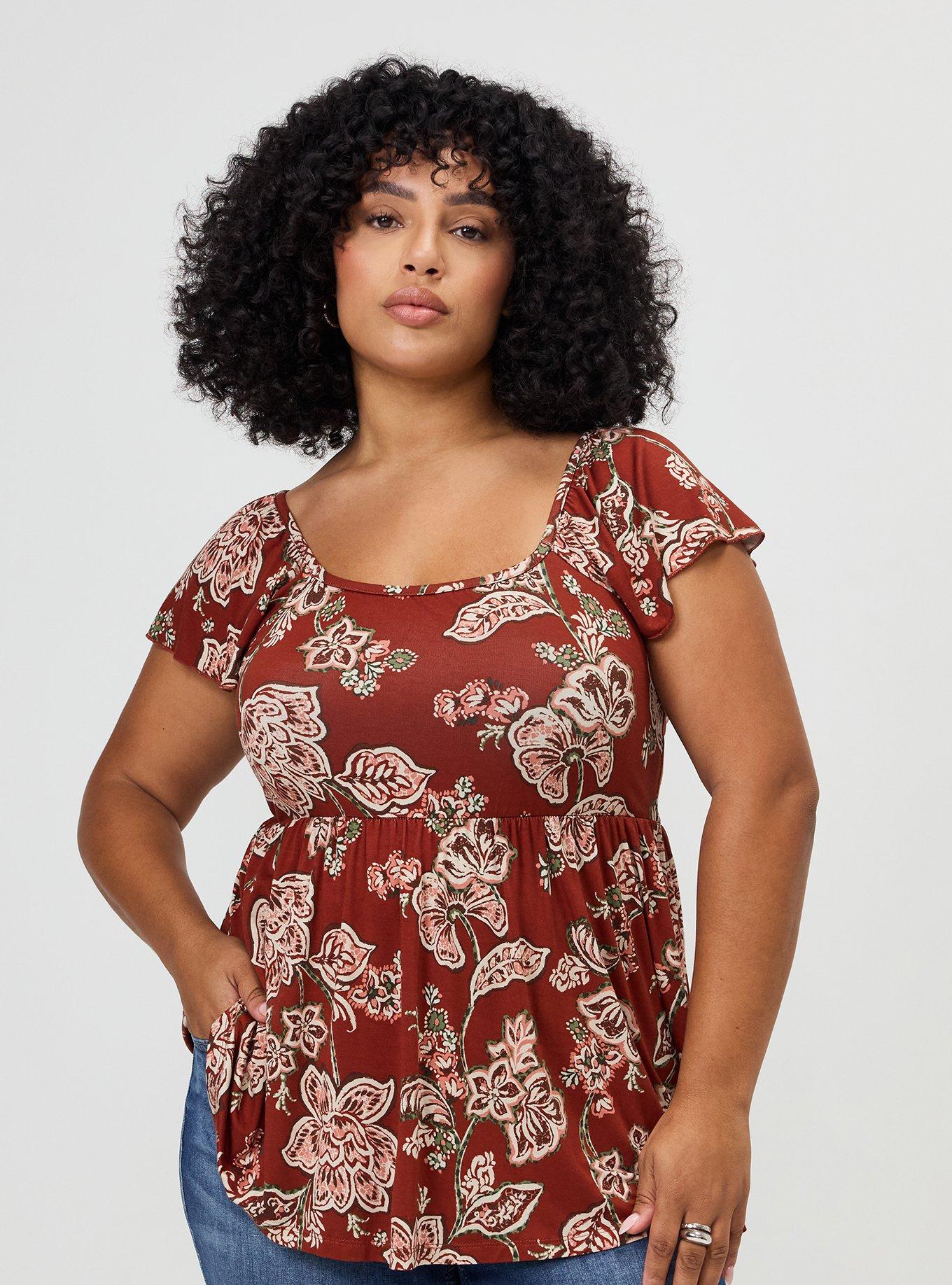 Plus Size Super Soft Shirred Bodice Babydoll Top, LAURIE JACOBEAN FLORAL BRICK, hi-res