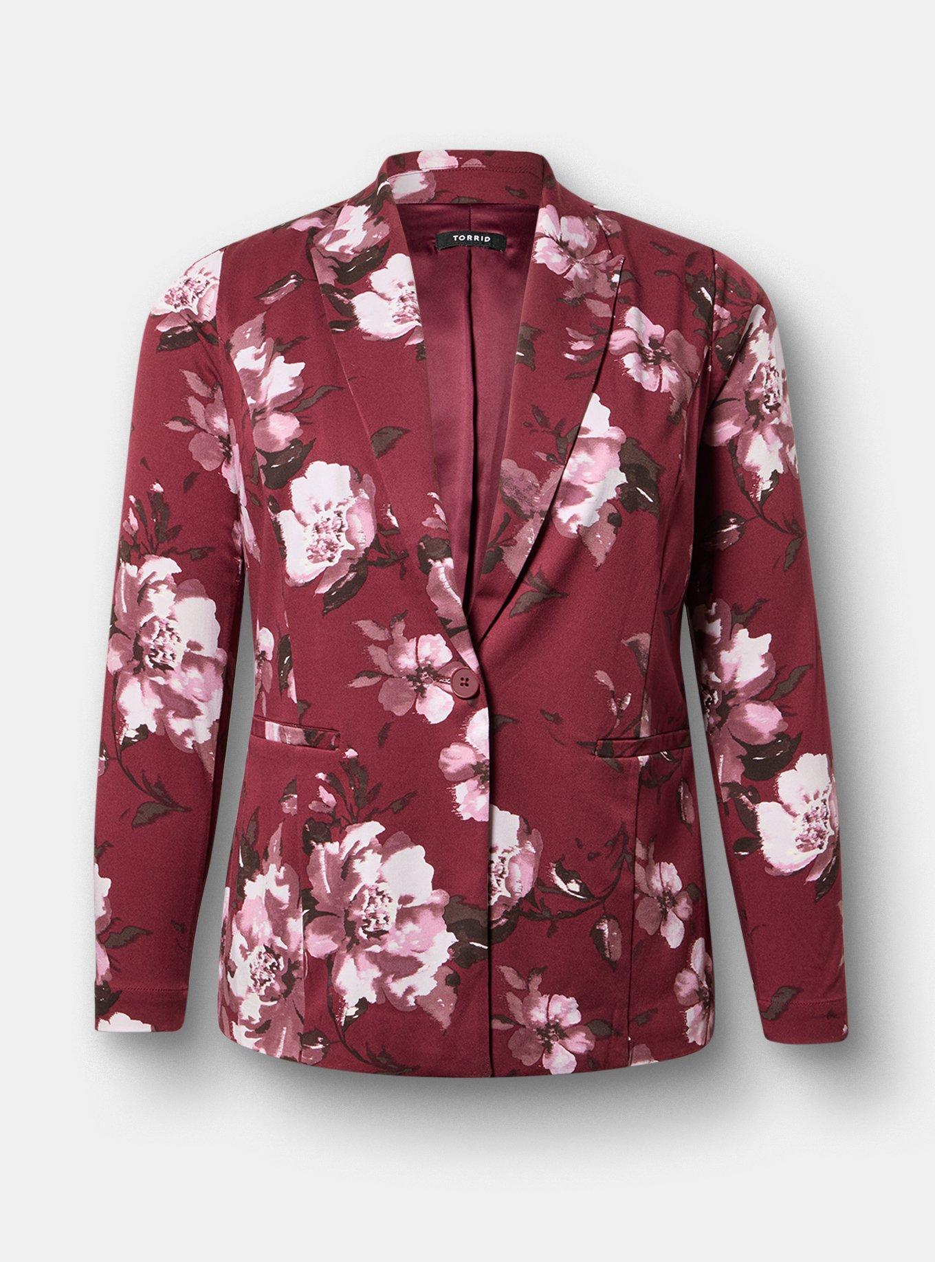 Modern Challis Blazer, BLUSHING BLOOMS FLORAL MAROON BANNER, flat