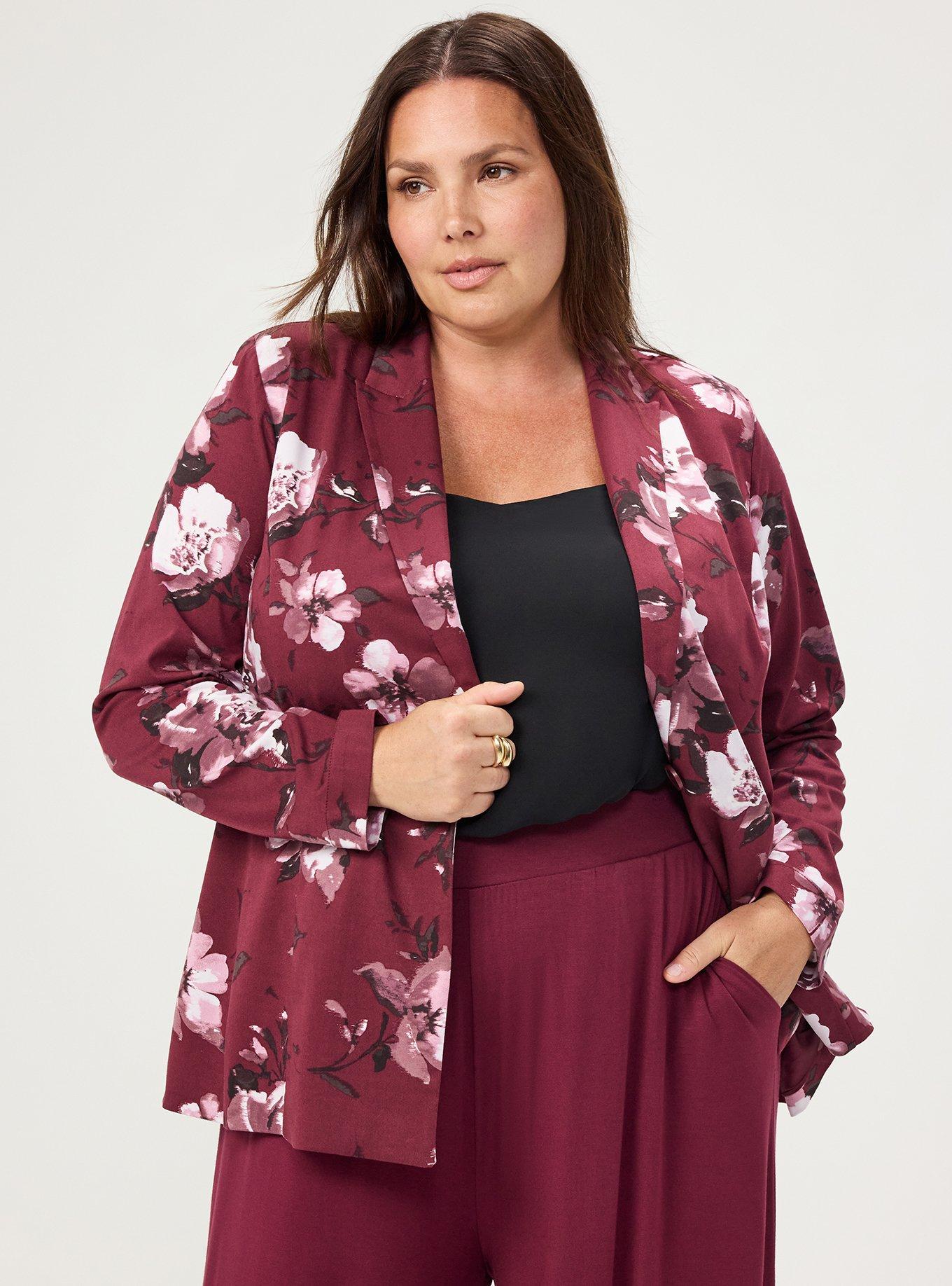Modern Challis Blazer, BLUSHING BLOOMS FLORAL MAROON BANNER, hi-res