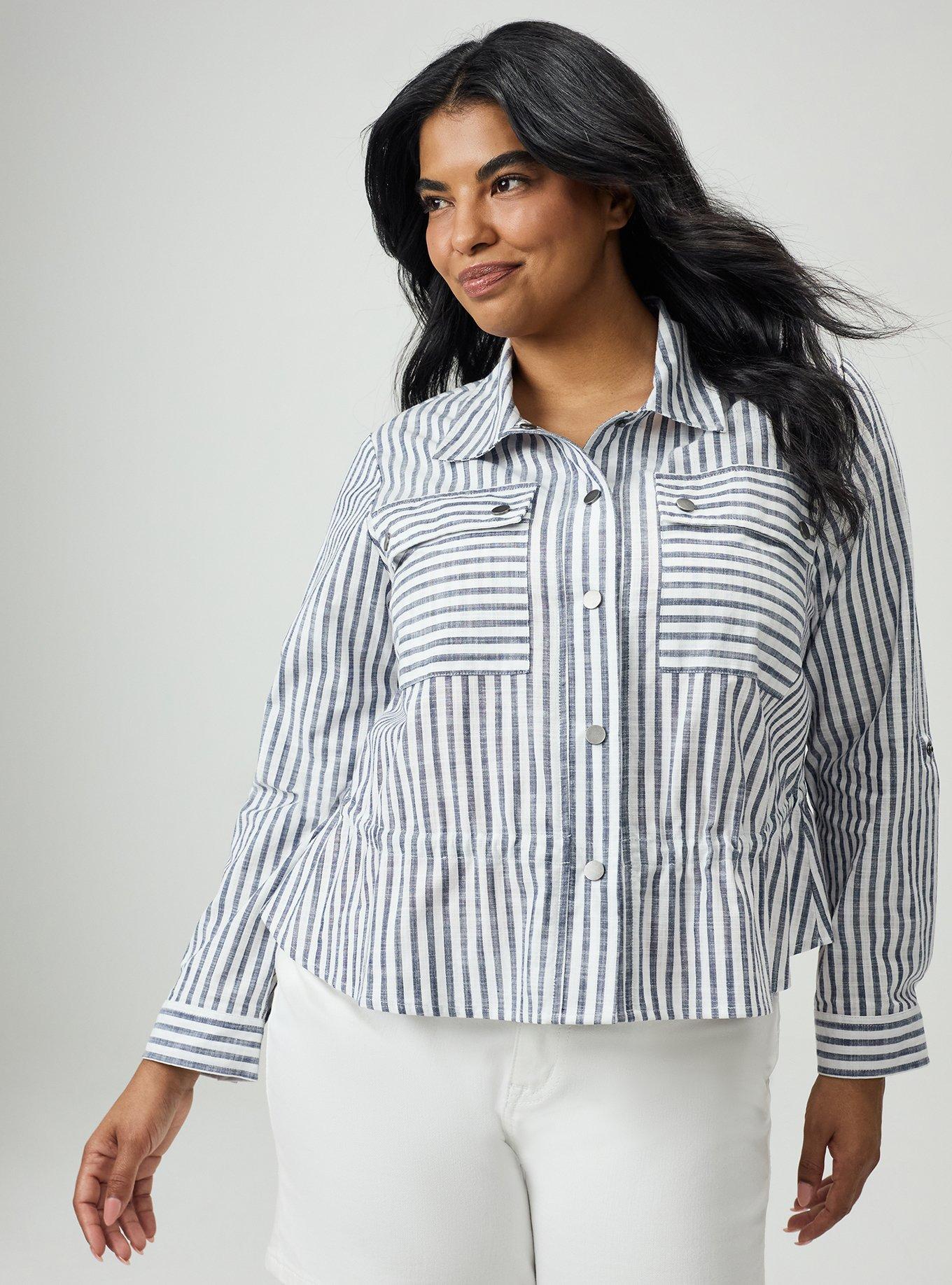 Cinched Utility Shacket, BEACON STRIPE NAVY, hi-res