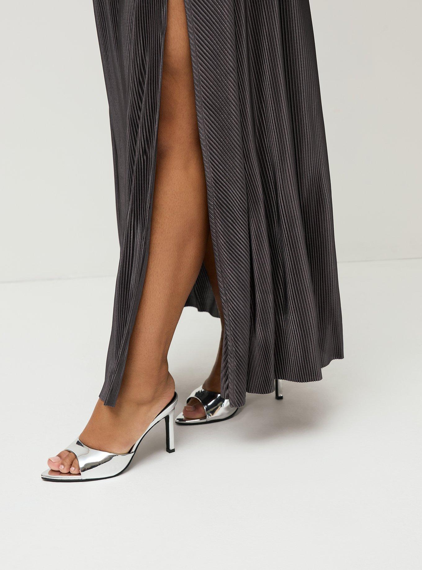 Studio Pleated Maxi Skirt with Slit, SILVER METALLIC, alternate