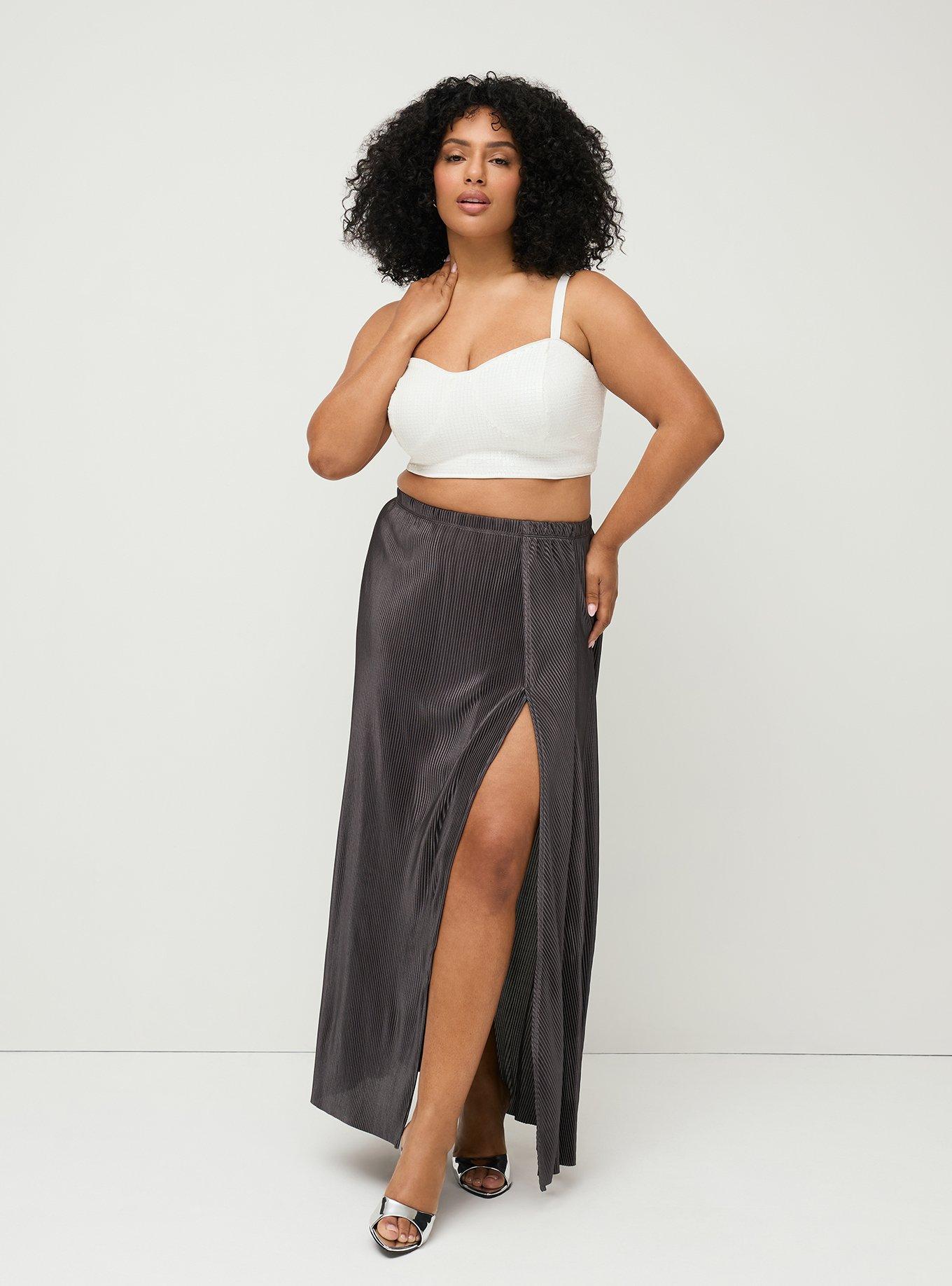 Studio Pleated Maxi Skirt with Slit, SILVER METALLIC, hi-res