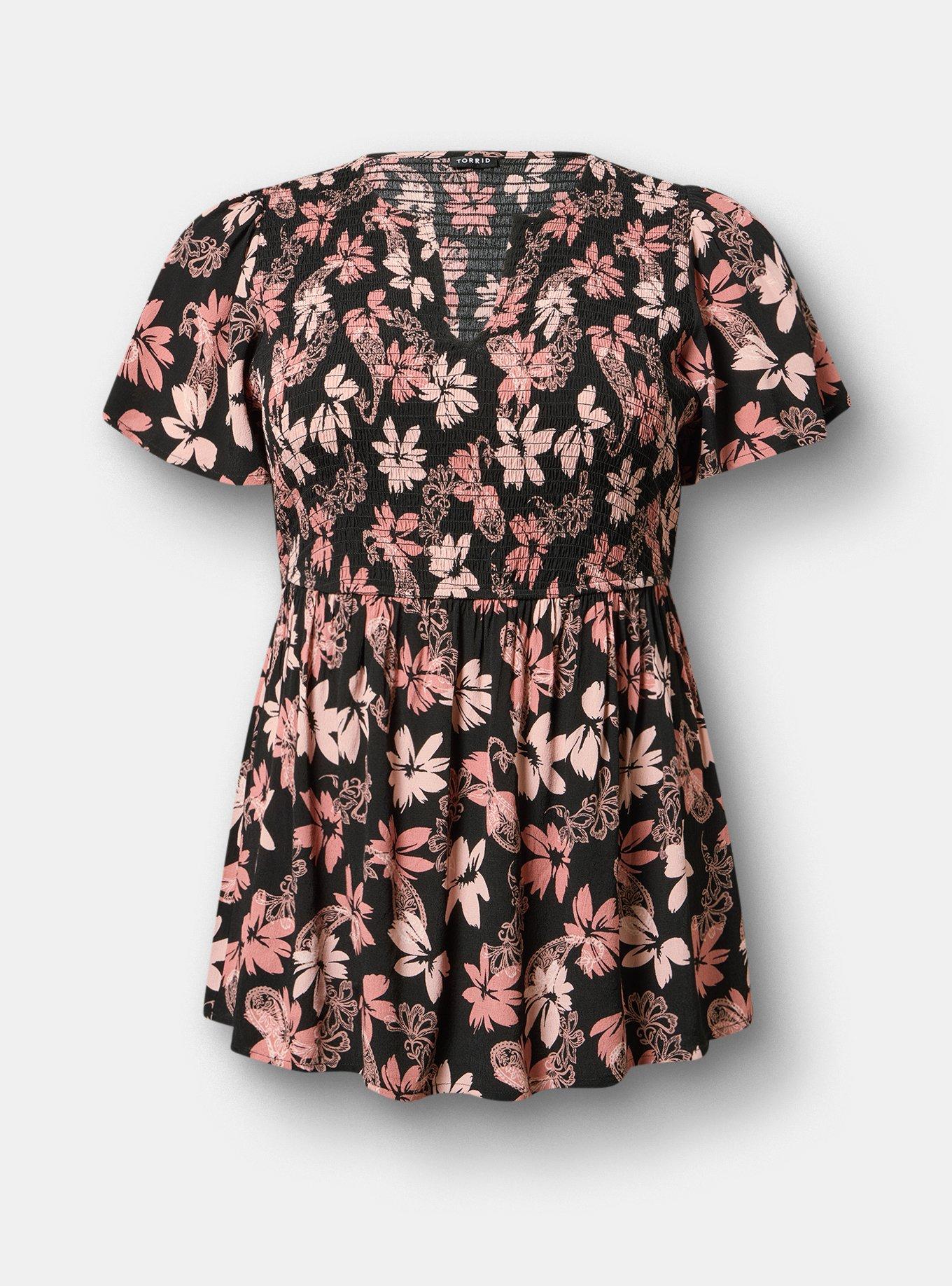 Flutter Sleeve Smocked Babydoll Top, BACKLIGHT PAISLEY FLORAL BLACK, hi-res