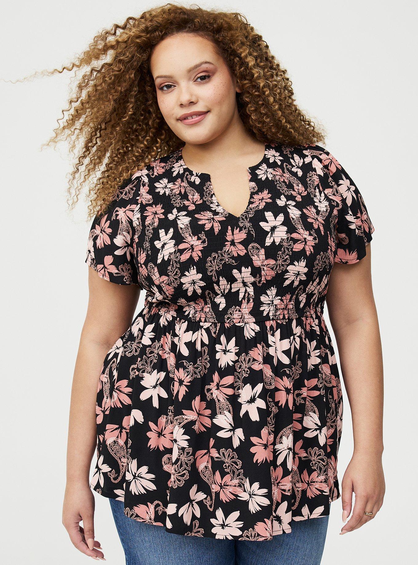 Flutter Sleeve Smocked Babydoll Top, BACKLIGHT PAISLEY FLORAL BLACK, hi-res