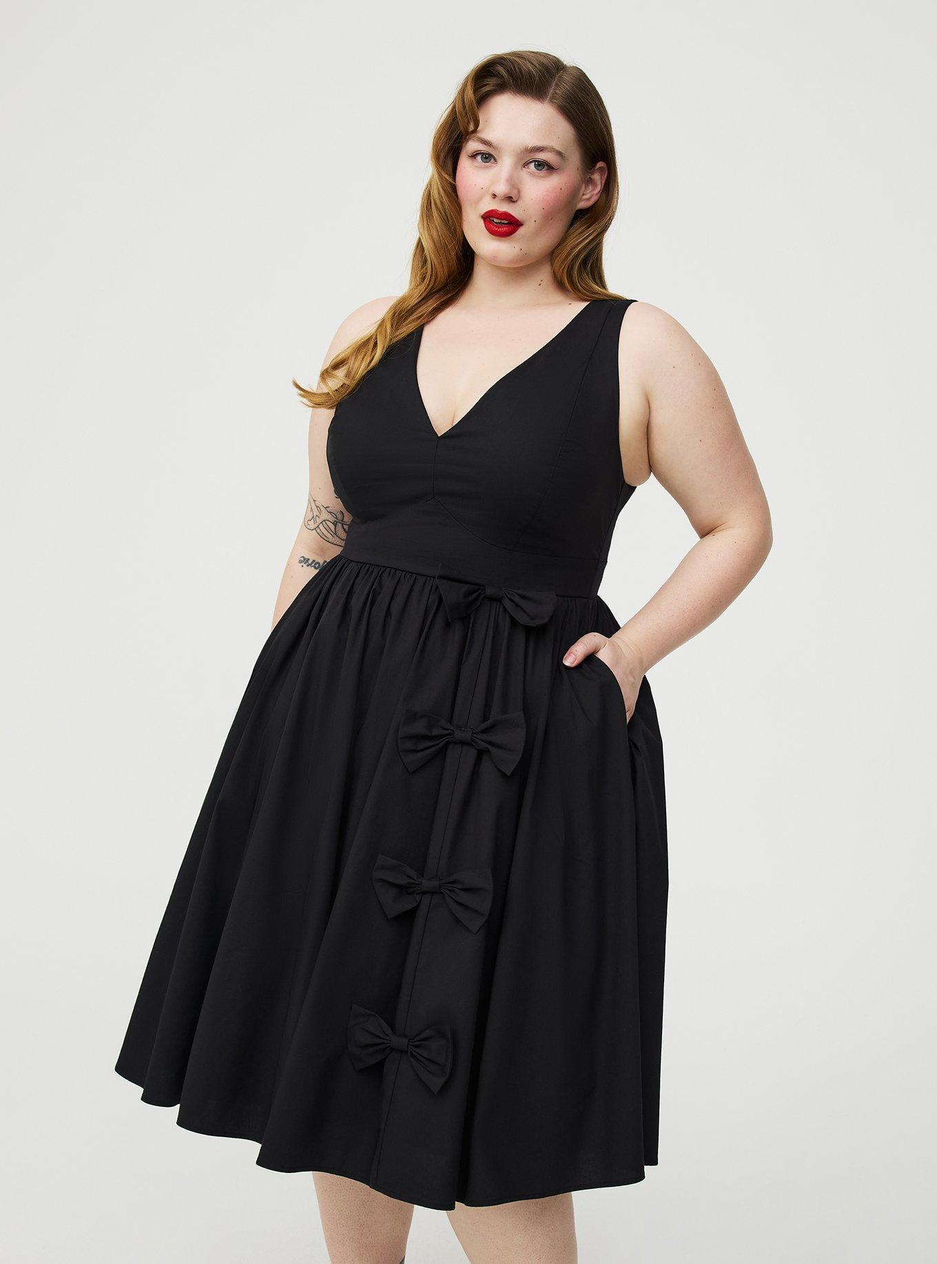 Retro Chic V-Neck Bow Dress, DEEP BLACK, alternate