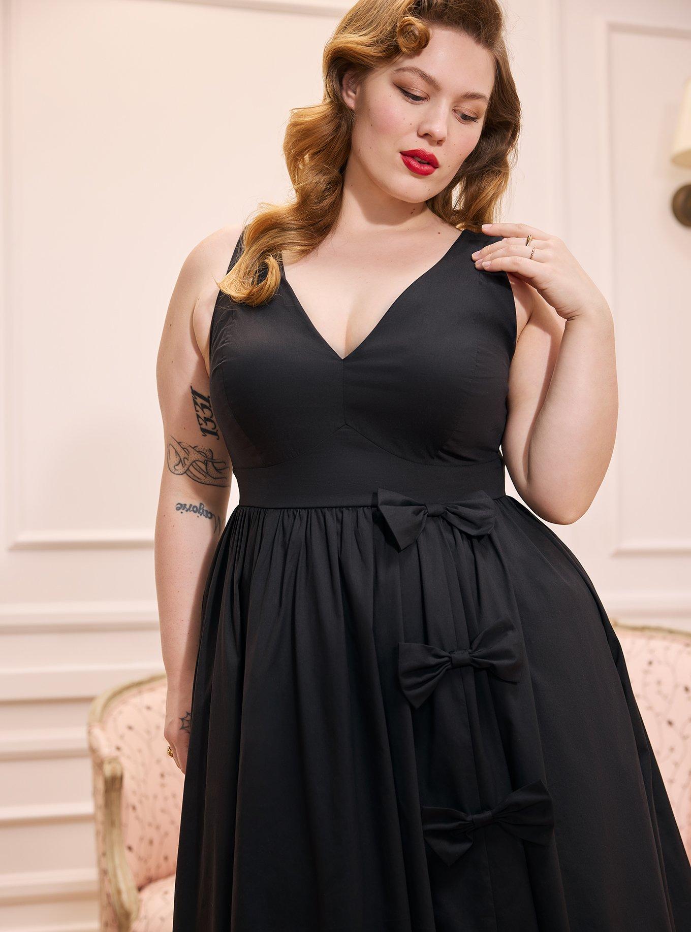 Retro Chic V-Neck Bow Dress, DEEP BLACK, alternate