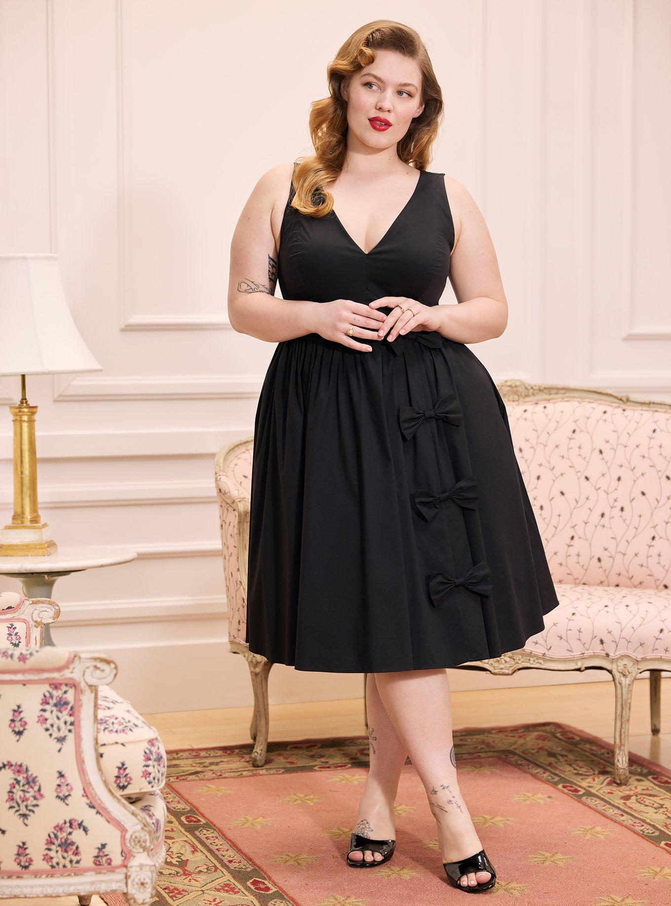 Retro Chic V-Neck Bow Dress, DEEP BLACK, hi-res