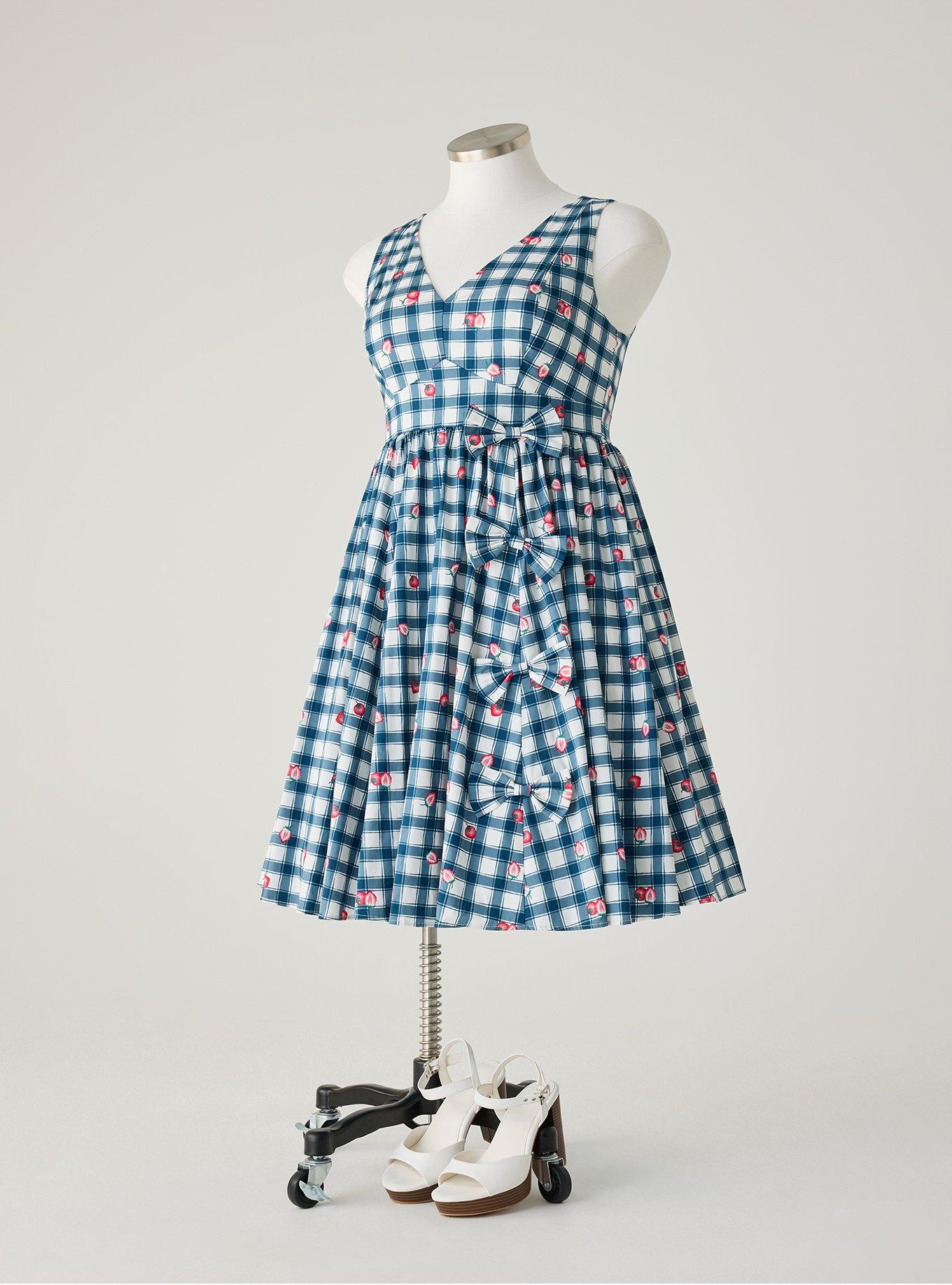 Retro Chic V-Neck Bow Dress, STRAWBABIES PLAID BLUE, flat