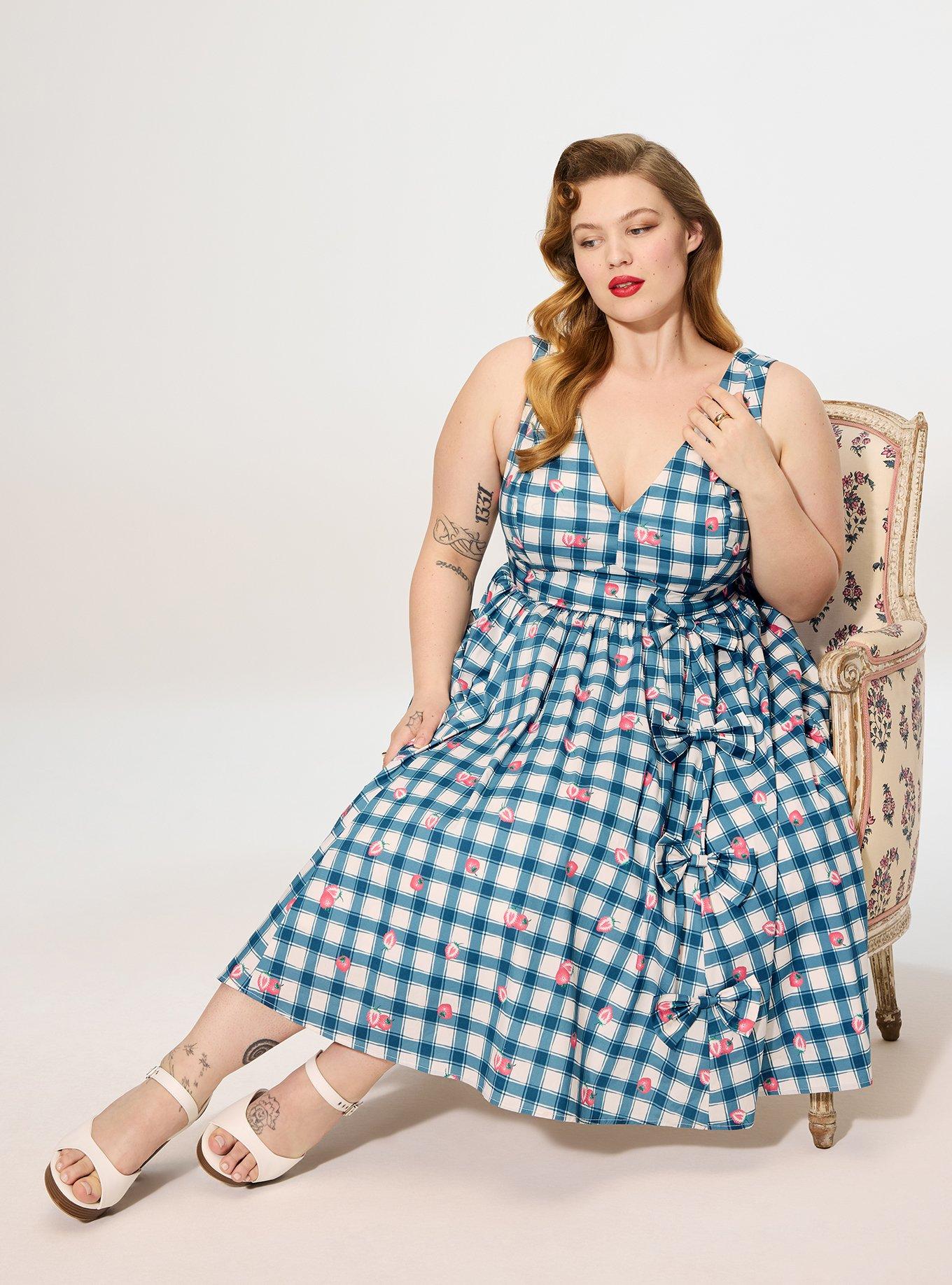 Retro Chic V-Neck Bow Dress, STRAWBABIES PLAID BLUE, hi-res
