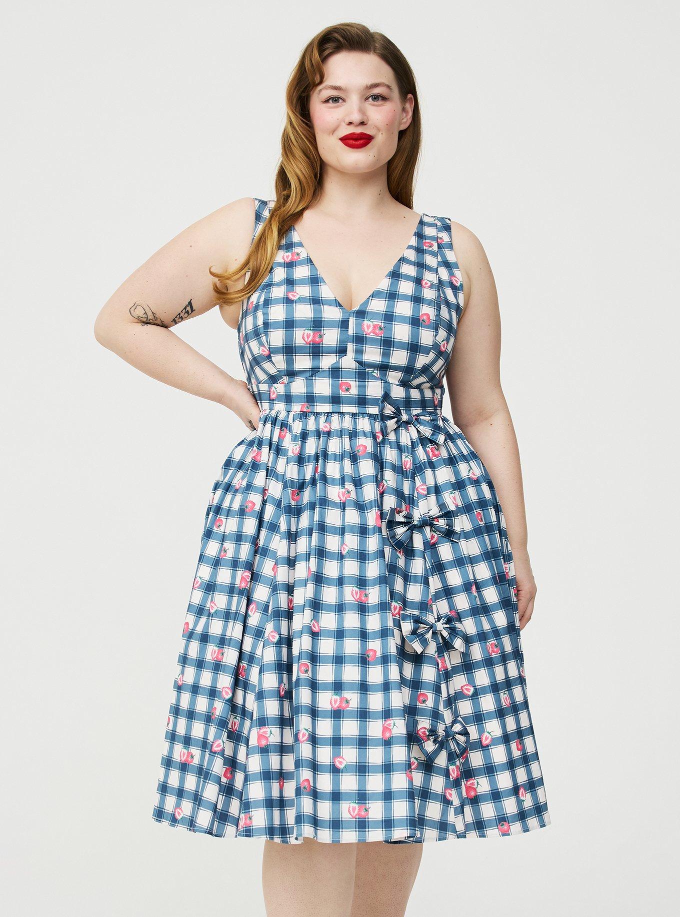 Retro Chic V-Neck Bow Dress, STRAWBABIES PLAID BLUE, hi-res