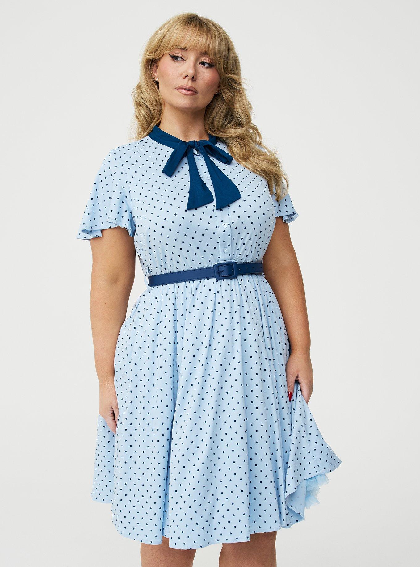 Retro Chic Flutter Sleeve Bow Neck Dress, MIDNIGHT DOTS BLUE, alternate