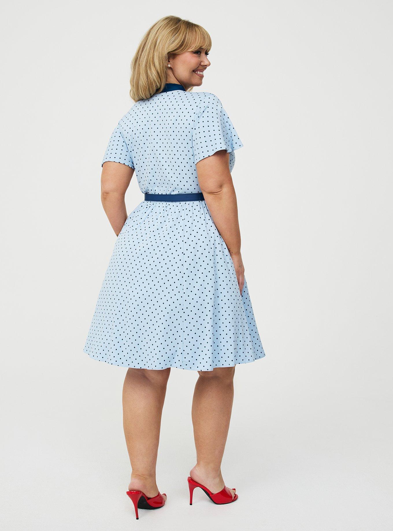 Retro Chic Flutter Sleeve Bow Neck Dress, MIDNIGHT DOTS BLUE, alternate