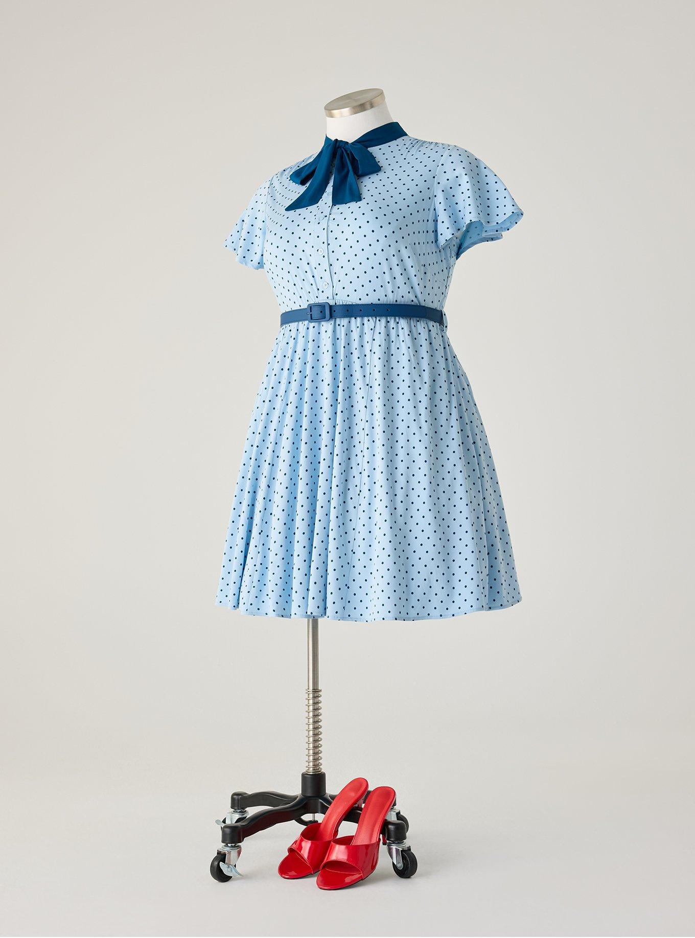 Retro Chic Bow Neck Mini Dress, MIDNIGHT DOTS BLUE, flat
