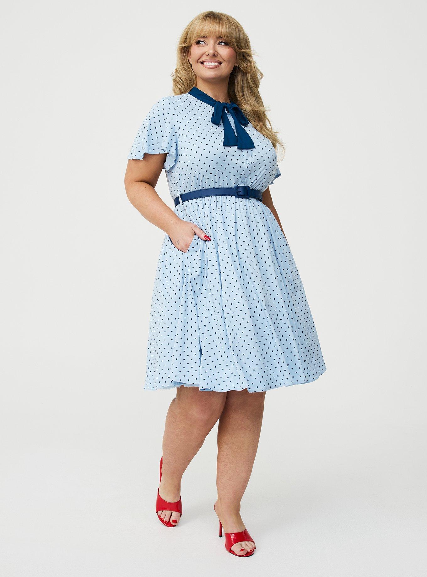 Retro Chic Flutter Sleeve Bow Neck Dress, MIDNIGHT DOTS BLUE, hi-res