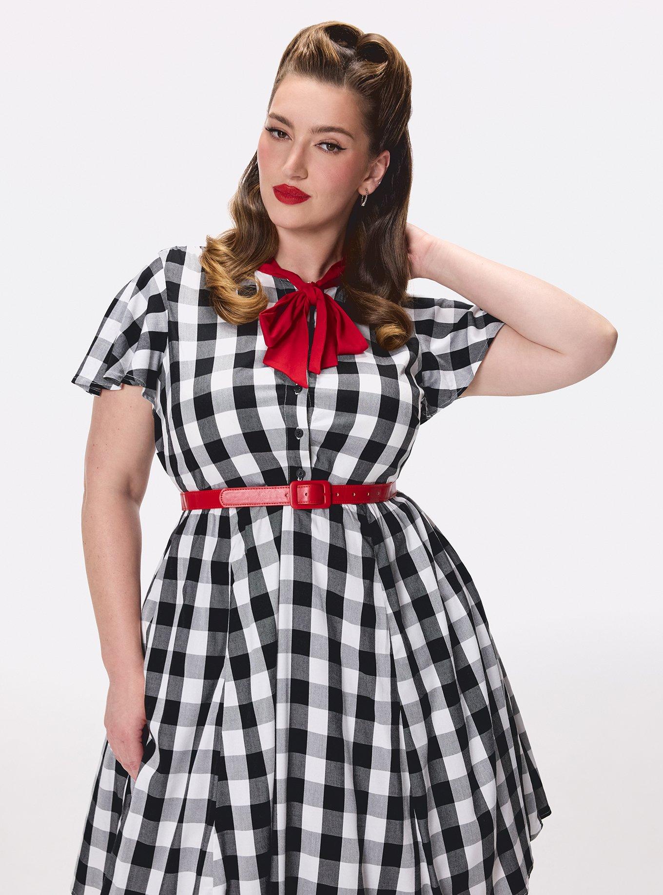 Retro Chic Bow Neck Mini Dress, SPROUT GINGHAM BLACK, alternate