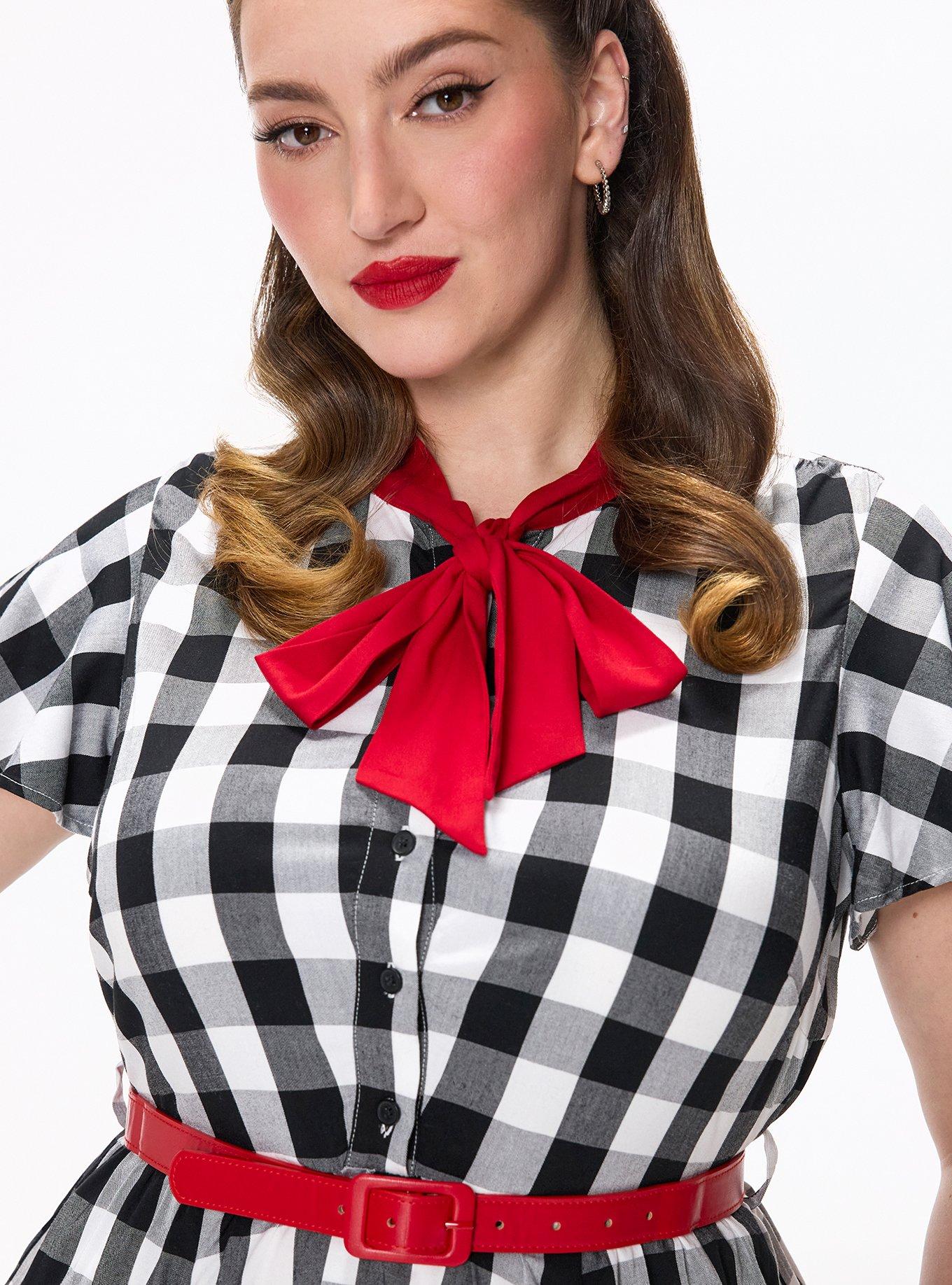 Retro Chic Bow Neck Mini Dress, SPROUT GINGHAM BLACK, alternate