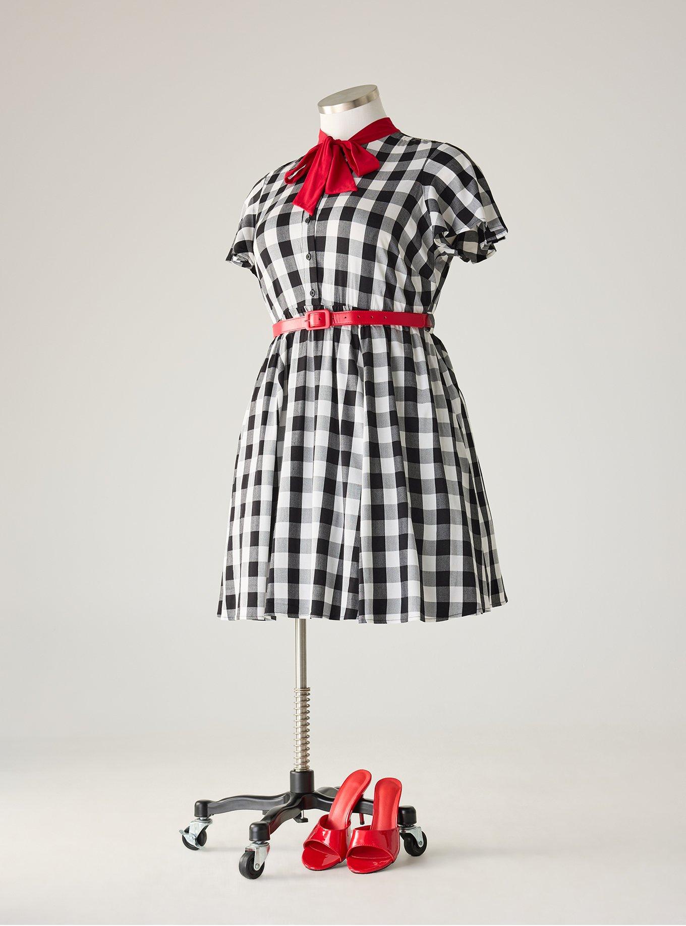 Retro Chic Bow Neck Mini Dress, SPROUT GINGHAM BLACK, flat