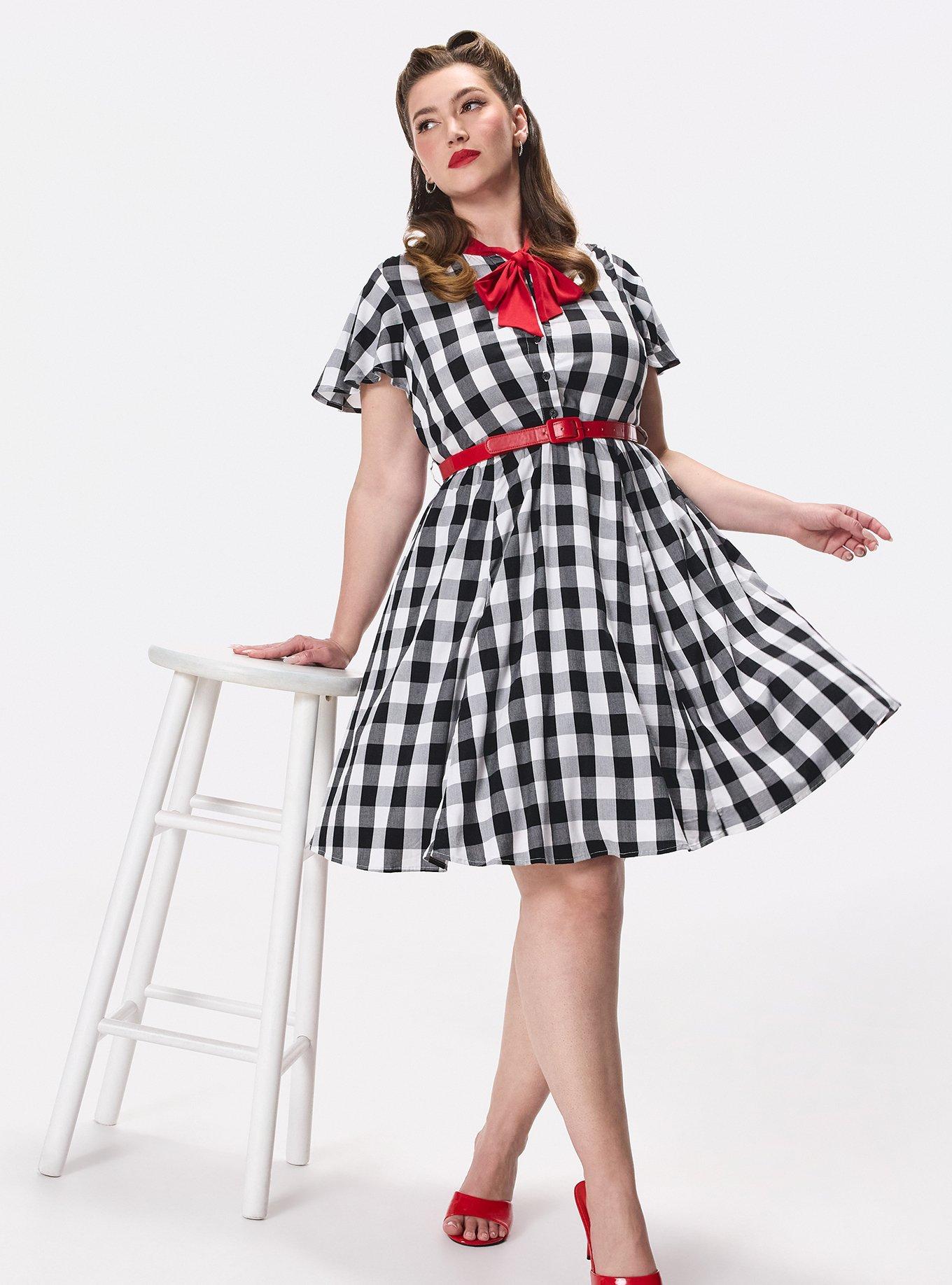 Retro Chic Bow Neck Mini Dress, SPROUT GINGHAM BLACK, hi-res