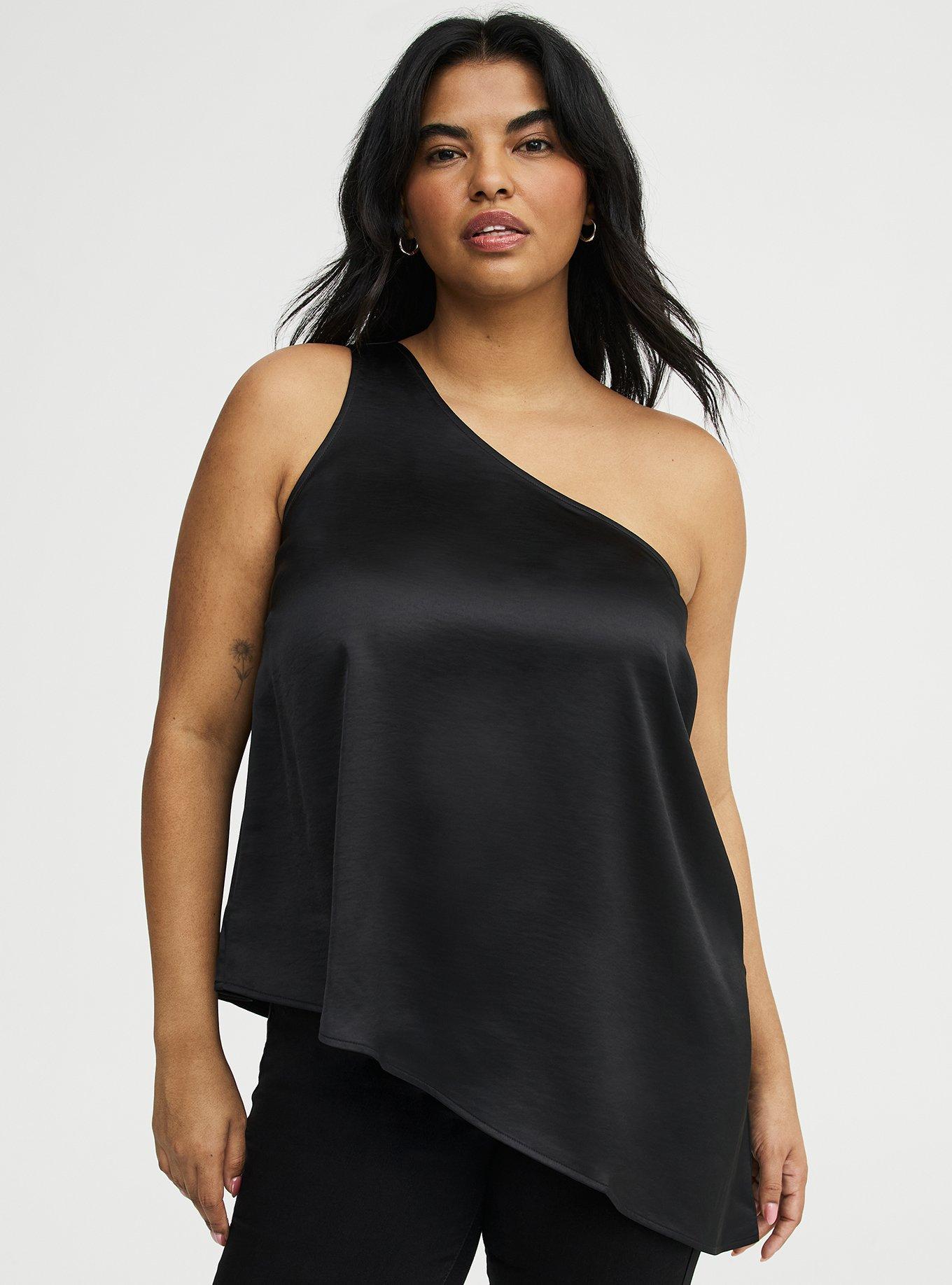 Satin One Shoulder Top, DEEP BLACK, hi-res