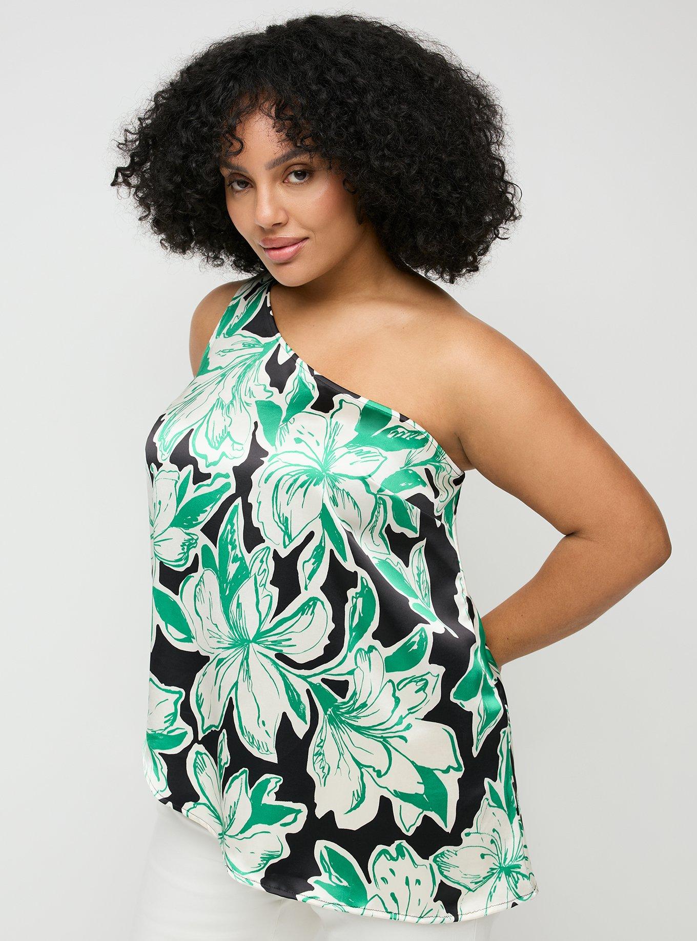 Satin One Shoulder Top, SKETCHED LILLIES FLORAL BLACK, hi-res
