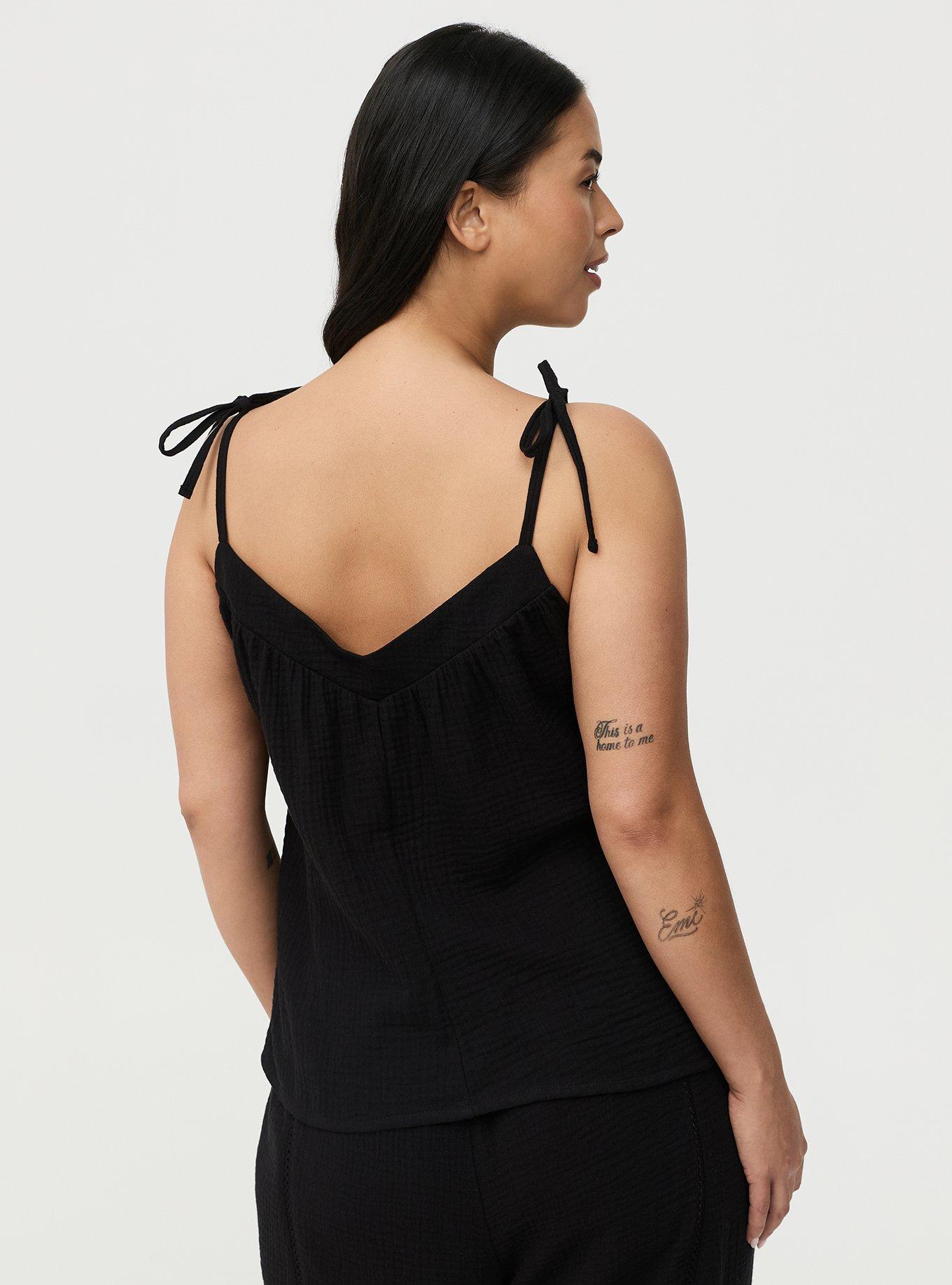 Gauze Tie Strap Cami, DEEP BLACK, alternate