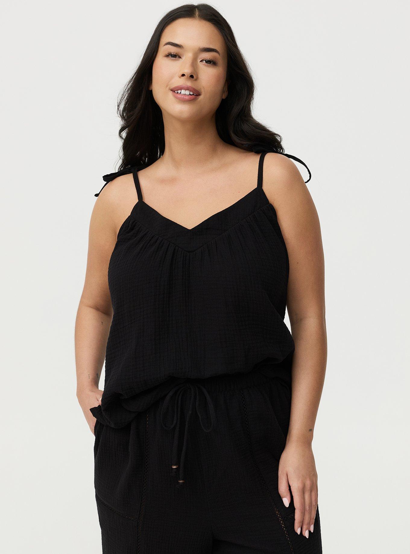 Gauze Tie Strap Cami, DEEP BLACK, alternate