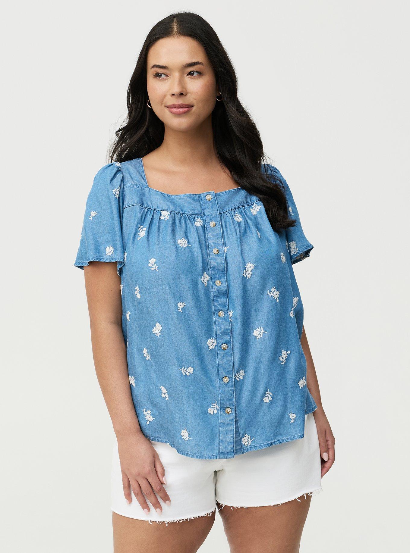 Embroidered Tencel Top, MEDIUM WASH, alternate