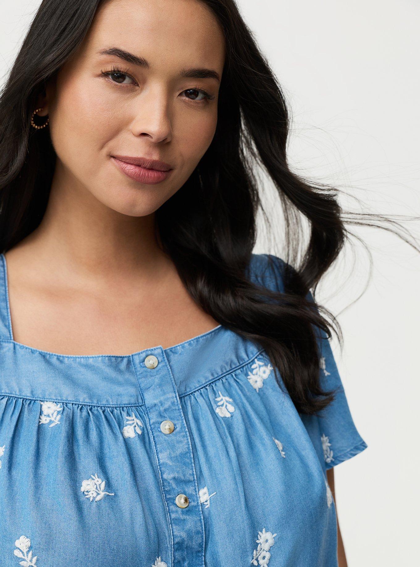 Embroidered Tencel Top, MEDIUM WASH, alternate