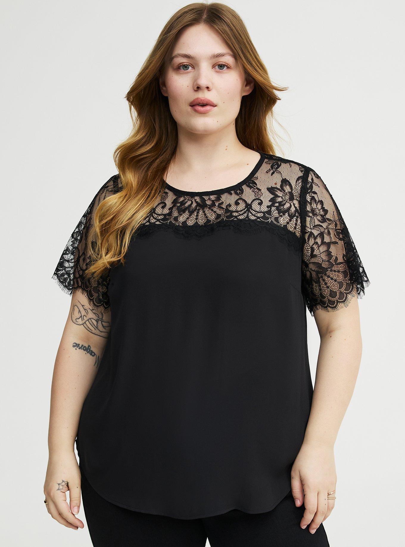 Abbey Georgette Lace Trim Blouse, DEEP BLACK, hi-res