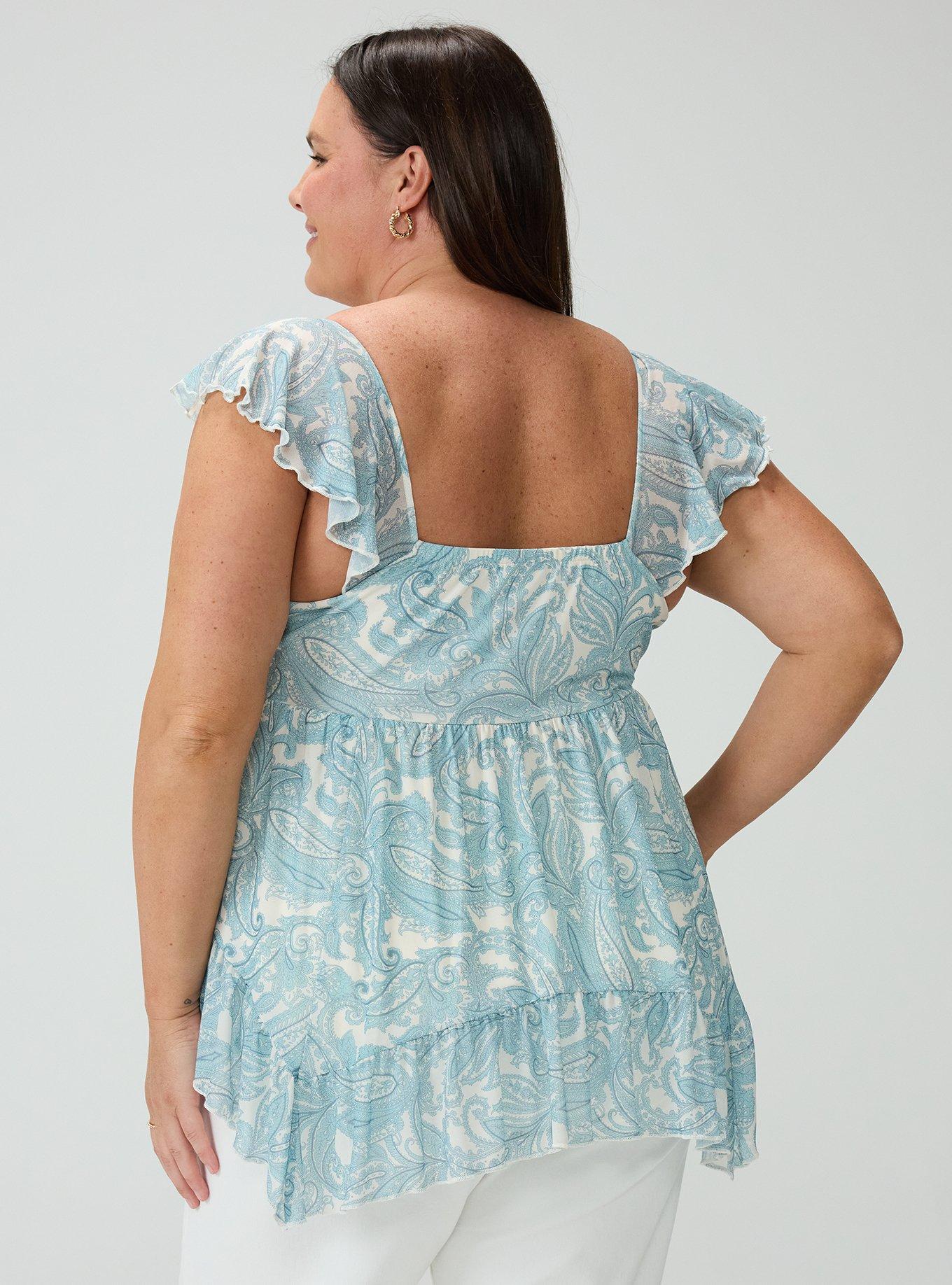 Mesh Flutter Sleeve Babydoll Top, FRENCH PAISLEY BLUE, alternate