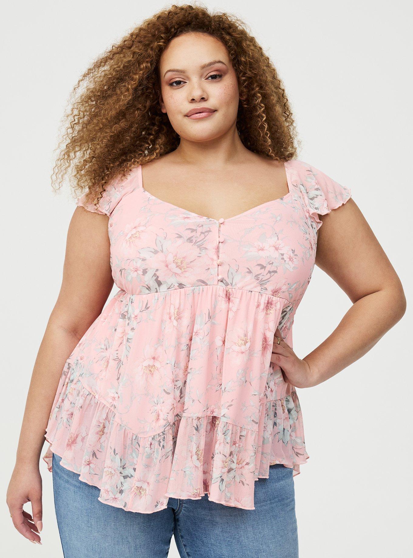 Mesh Flutter Sleeve Babydoll Top, LOLLA FLORAL PINK, hi-res