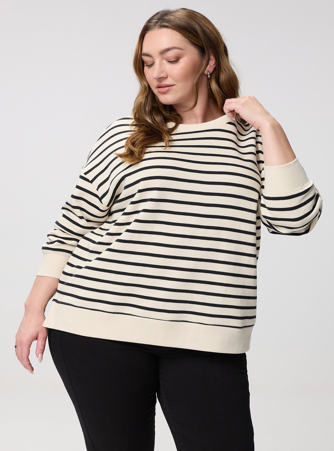 French Terry Drop Shoulder Sweatshirt, WHITE SWAN DEEP BLACK STRIPE, alternate