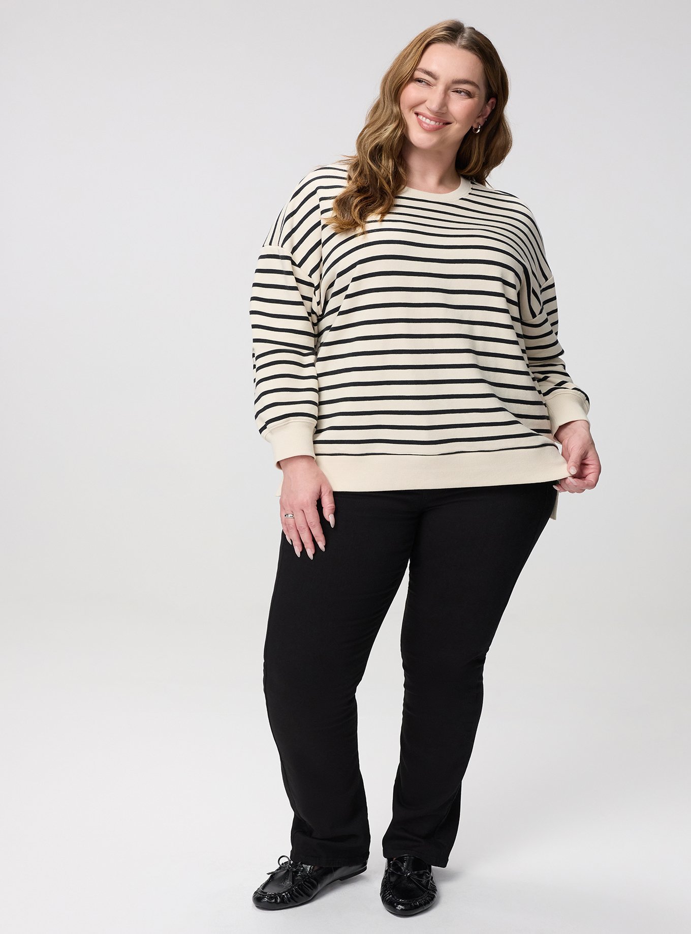French Terry Drop Shoulder Sweatshirt, WHITE SWAN DEEP BLACK STRIPE, alternate