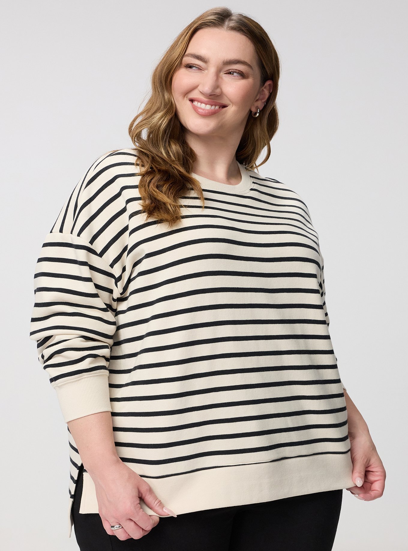 French Terry Drop Shoulder Sweatshirt, WHITE SWAN DEEP BLACK STRIPE, hi-res