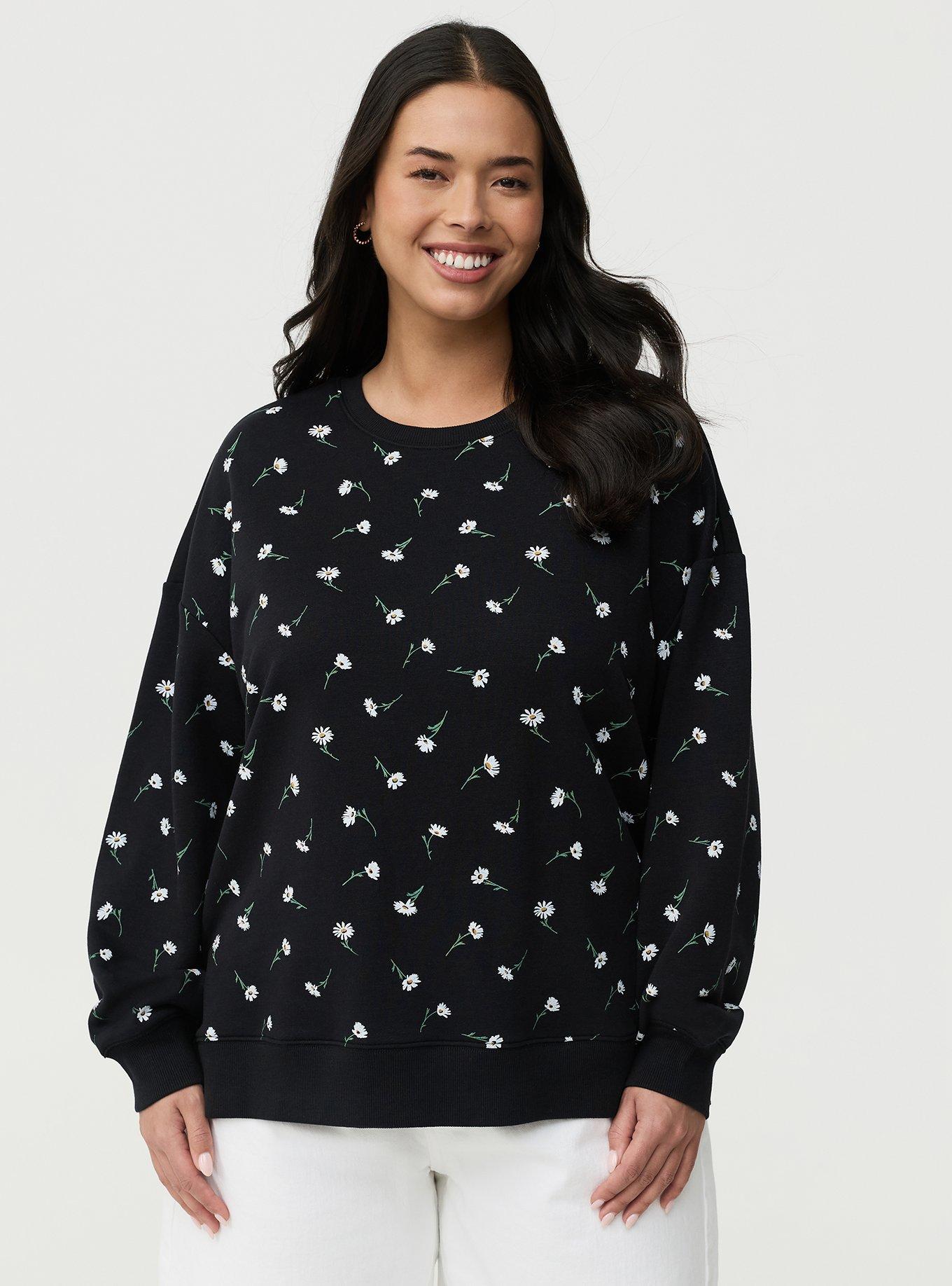 French Terry Drop Shoulder Sweatshirt, DARA DAISIES FLORAL BLACK, alternate
