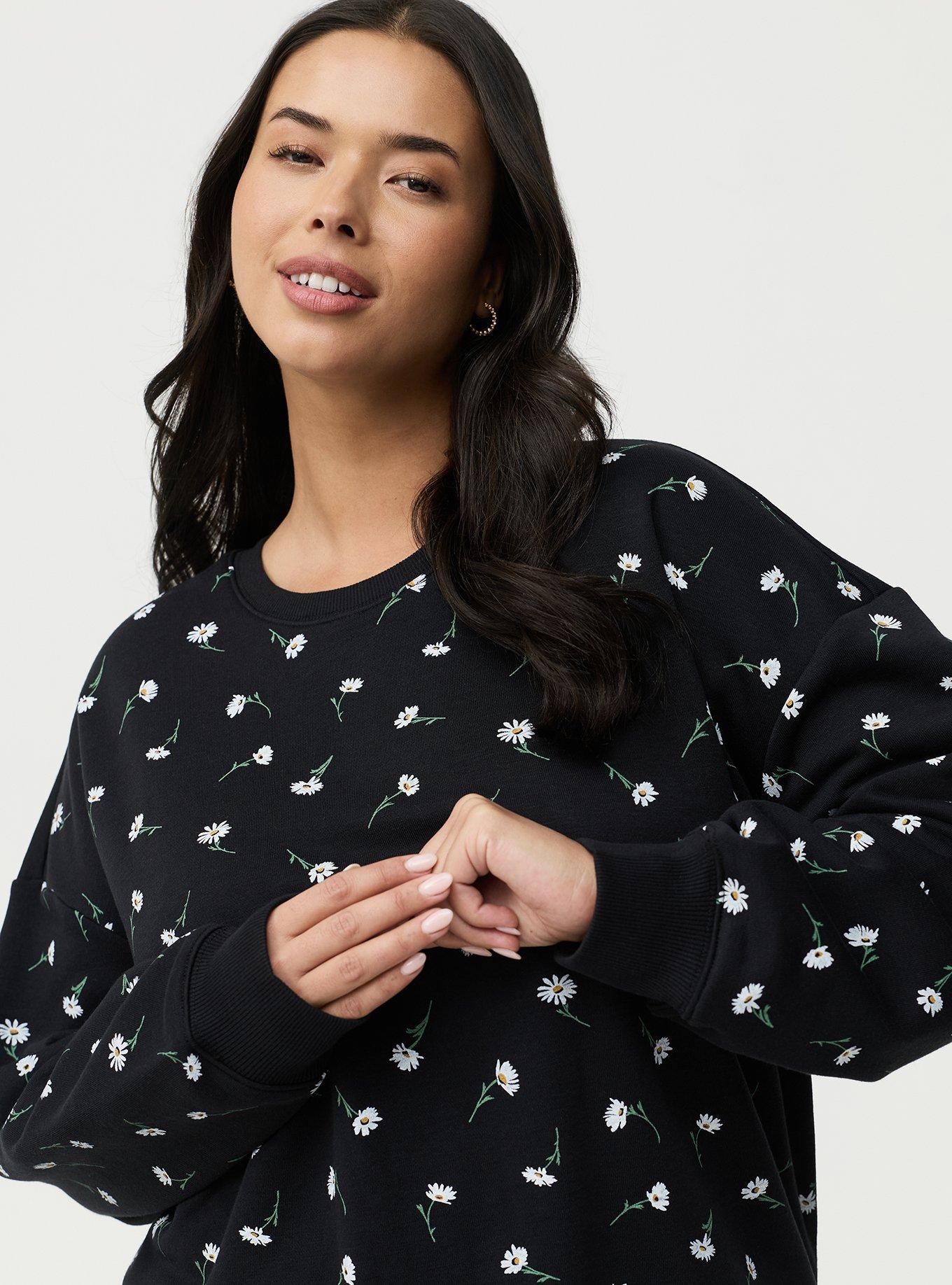French Terry Drop Shoulder Sweatshirt, DARA DAISIES FLORAL BLACK, alternate