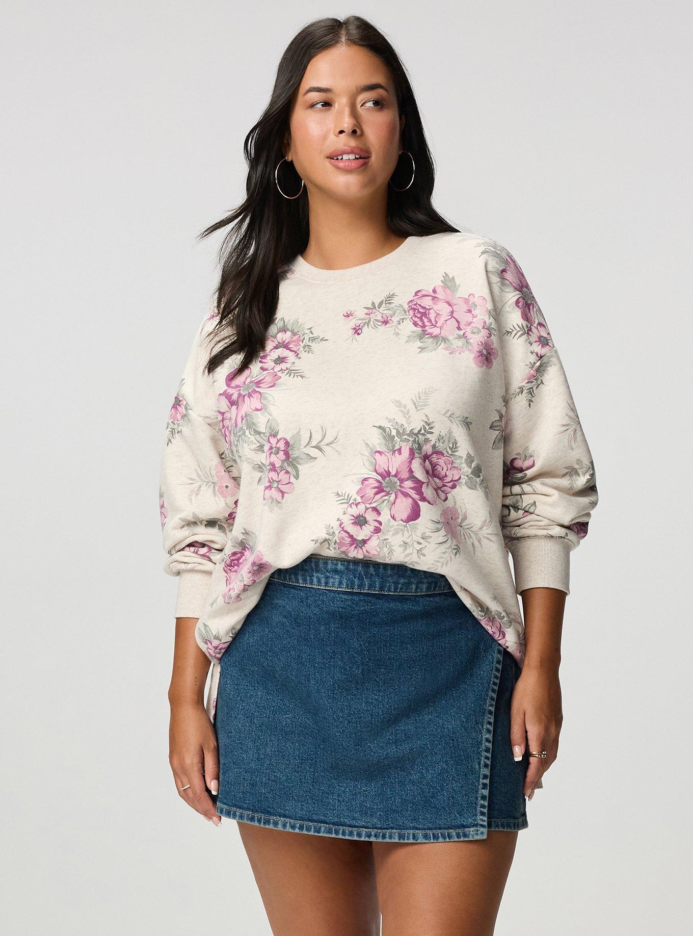 French Terry Drop Shoulder Sweatshirt, JANICE FLORAL OATMEAL, alternate