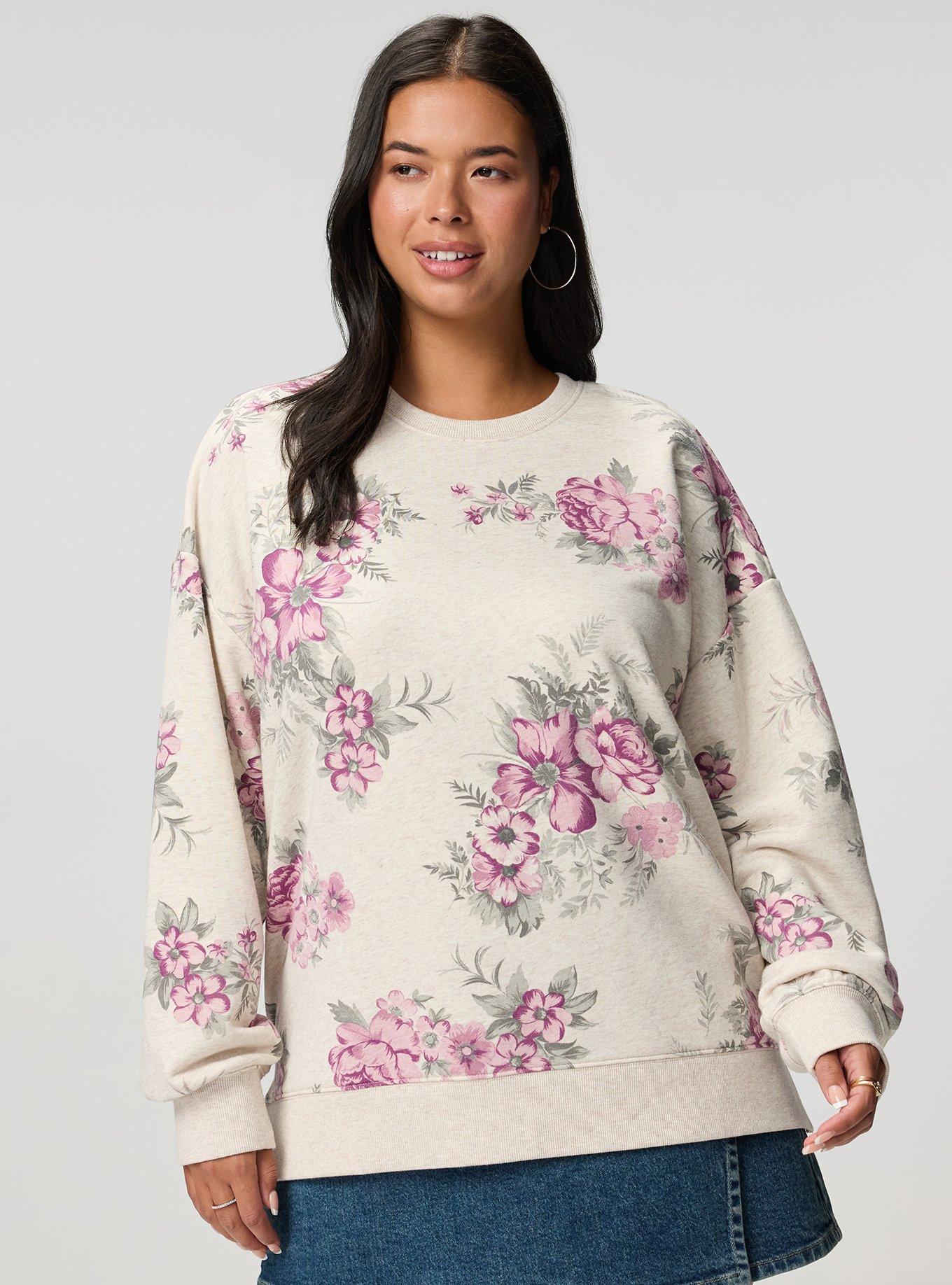 French Terry Drop Shoulder Sweatshirt, JANICE FLORAL OATMEAL, hi-res