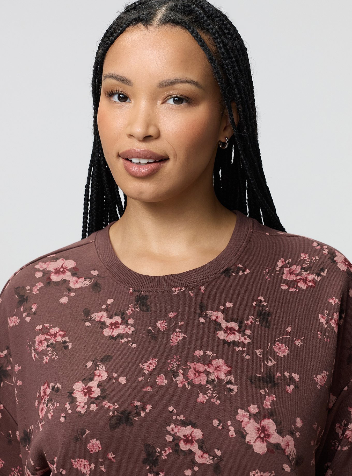 French Terry Drop Shoulder Sweatshirt, LAURA FLORAL BROWN, alternate