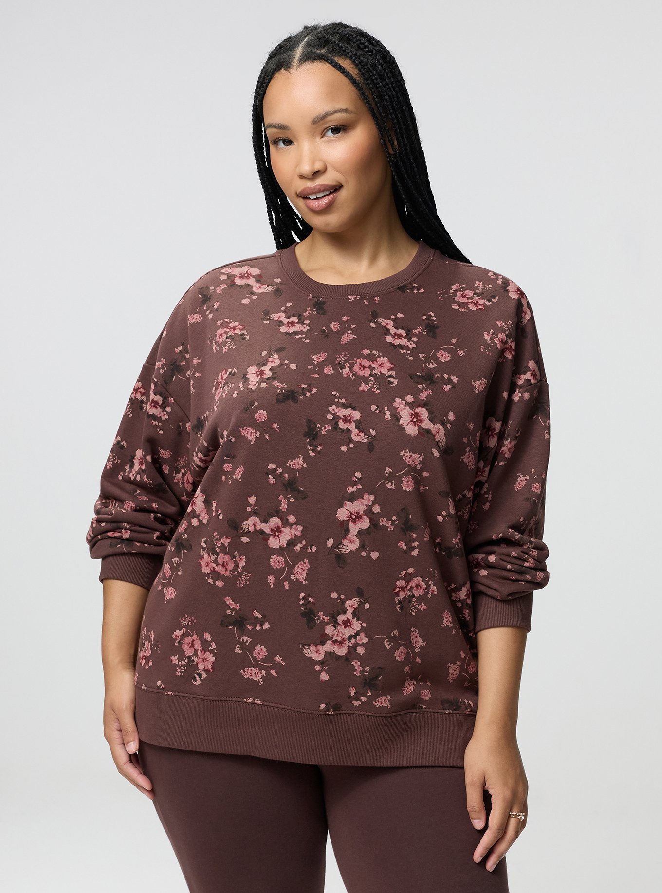 French Terry Drop Shoulder Sweatshirt, LAURA FLORAL BROWN, hi-res