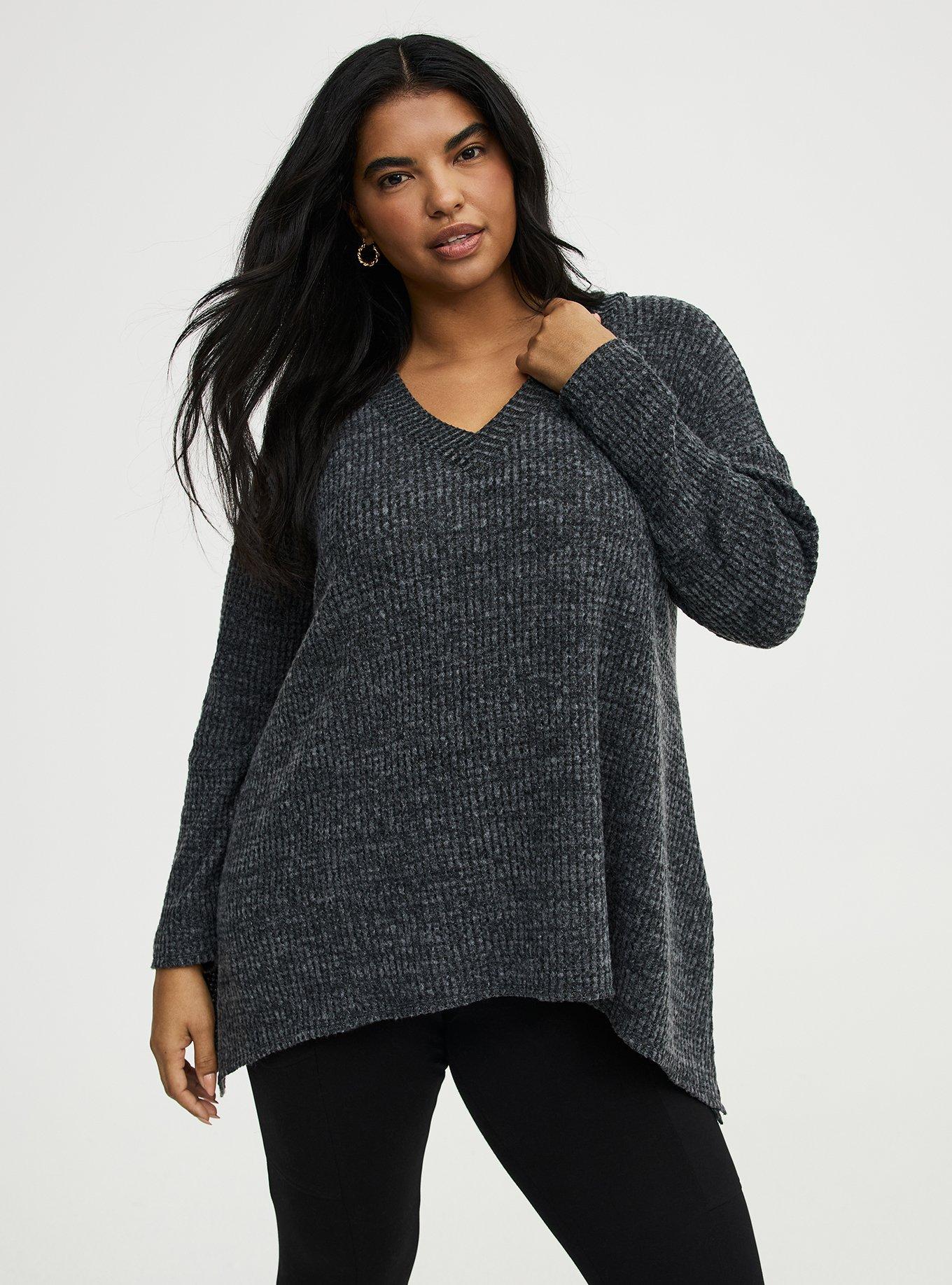 Plus Size Brushed Waffle Sharkbite Top, BLACK GRAY MARL, hi-res
